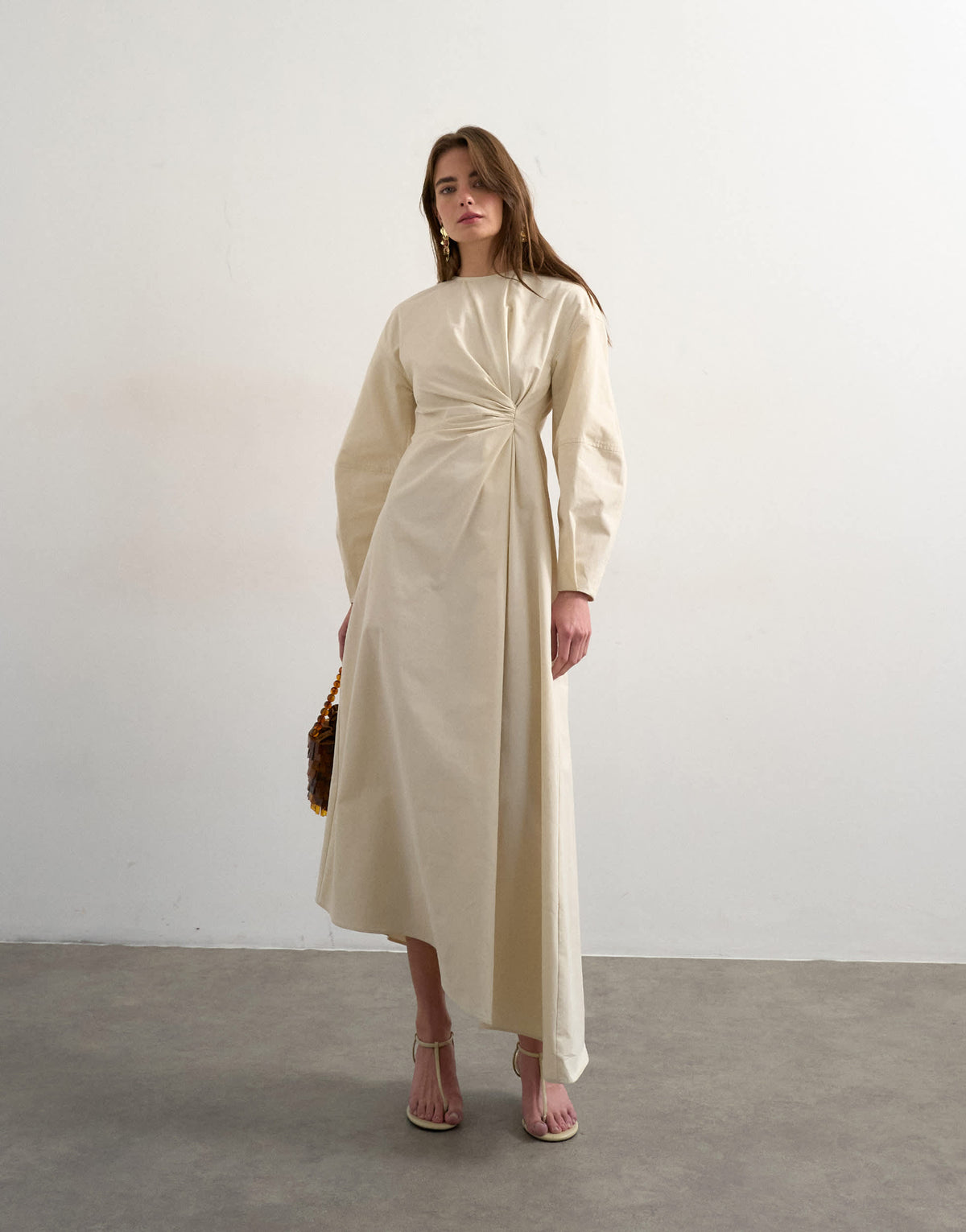 Topshop knot detail midi dress with asymmetric hem in off white