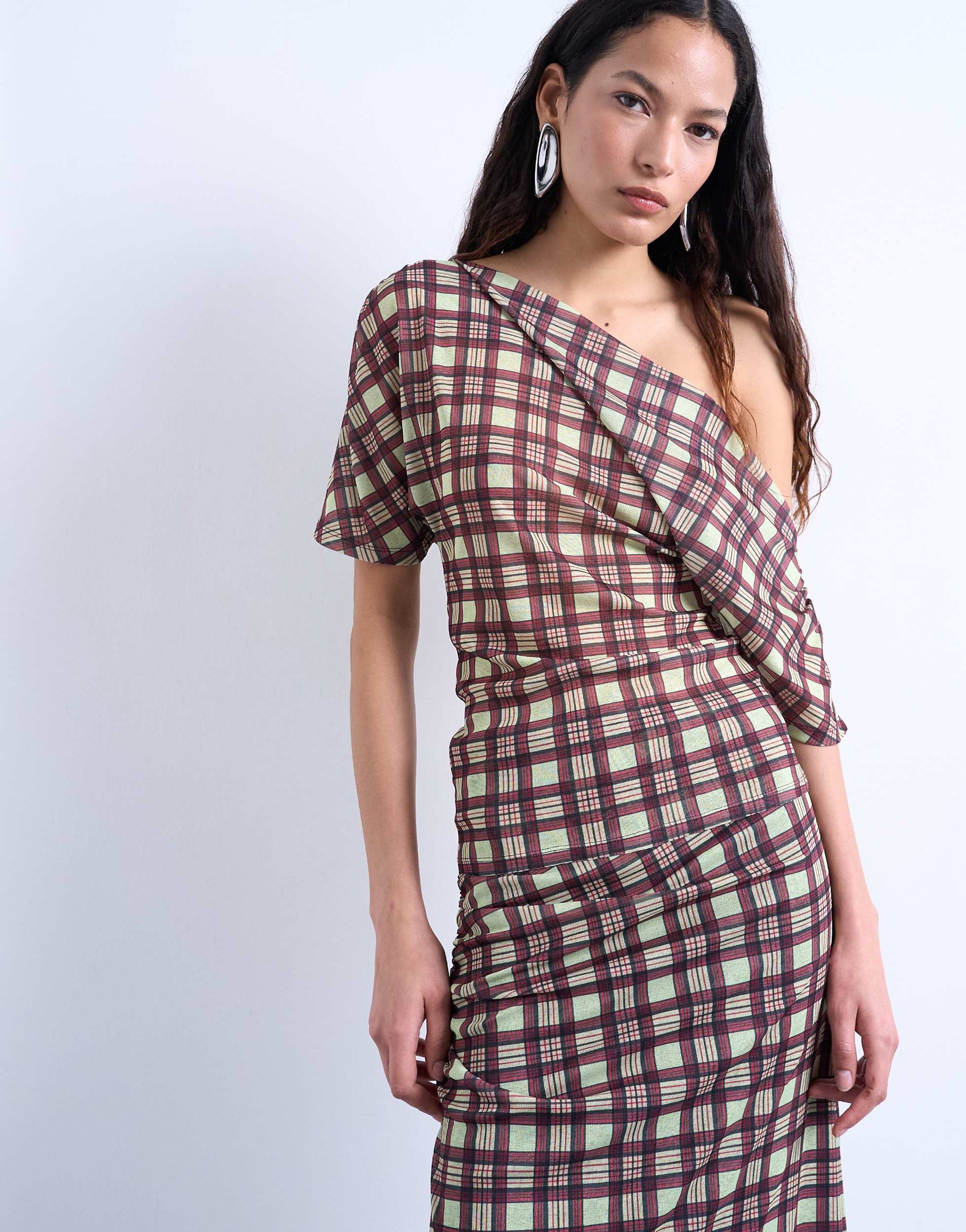 Topshop off shoulder drape mesh top in brown check