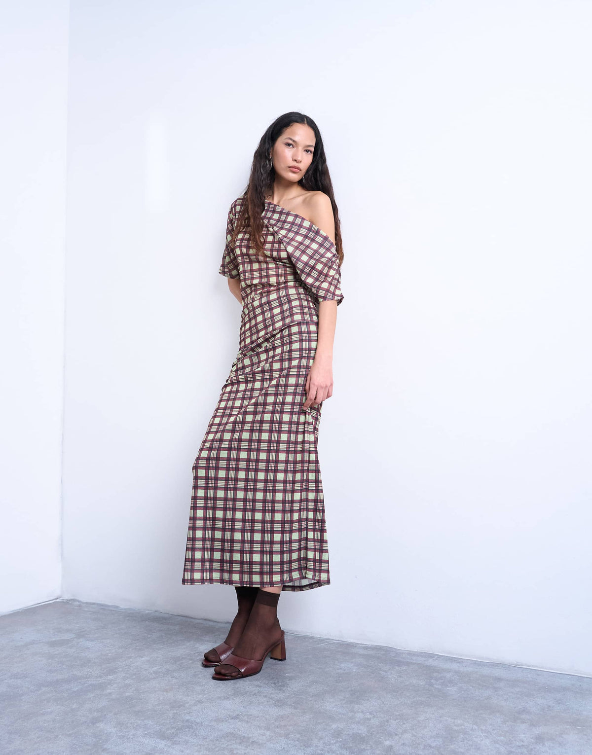 Topshop off shoulder drape mesh top in brown check
