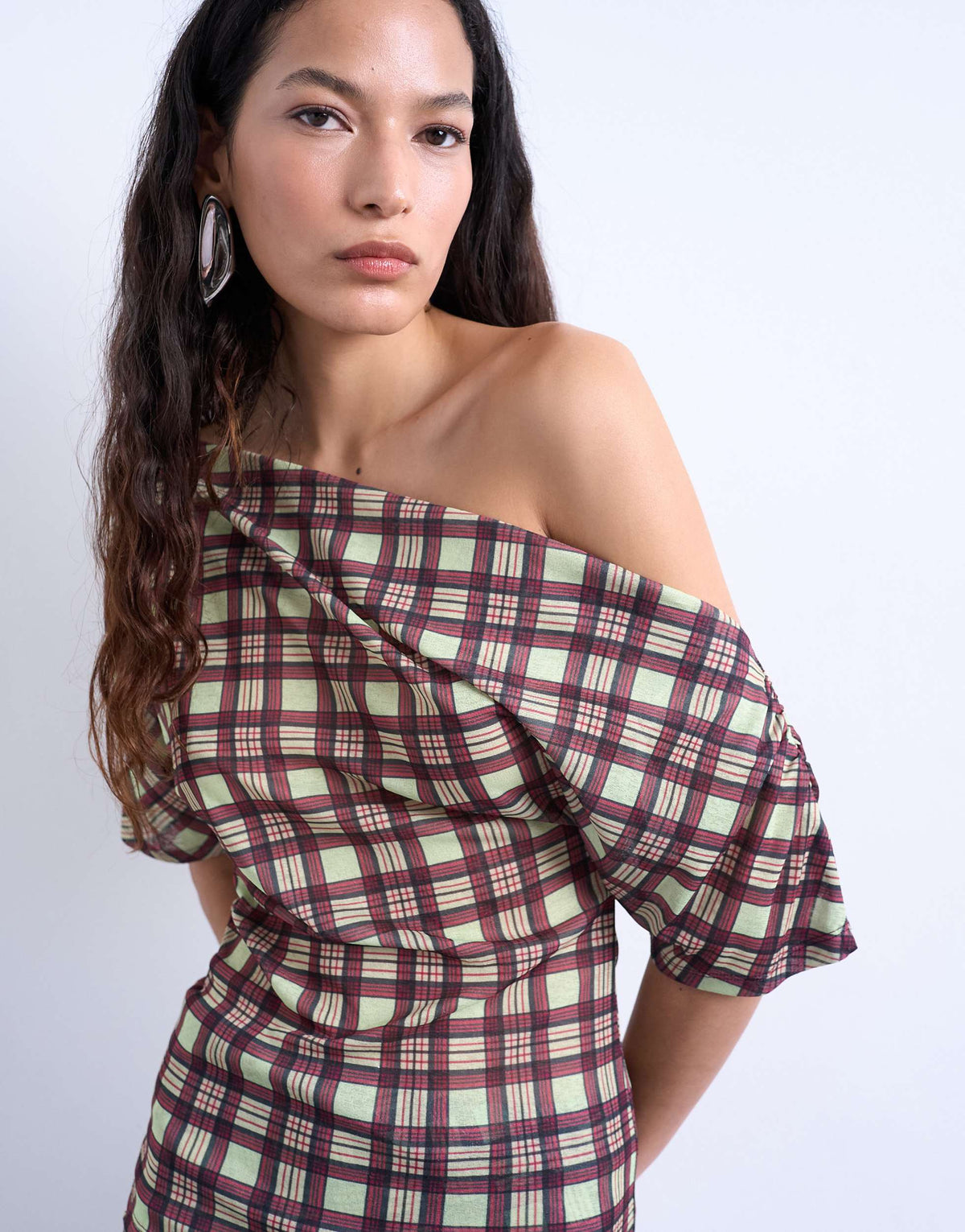 Topshop off shoulder drape mesh top in brown check