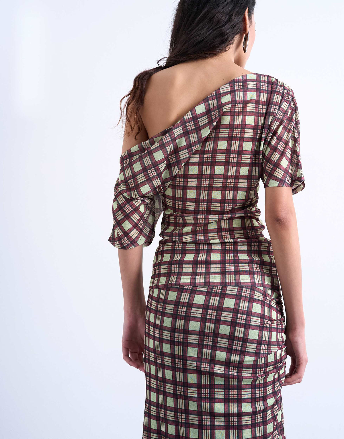 Topshop off shoulder drape mesh top in brown check
