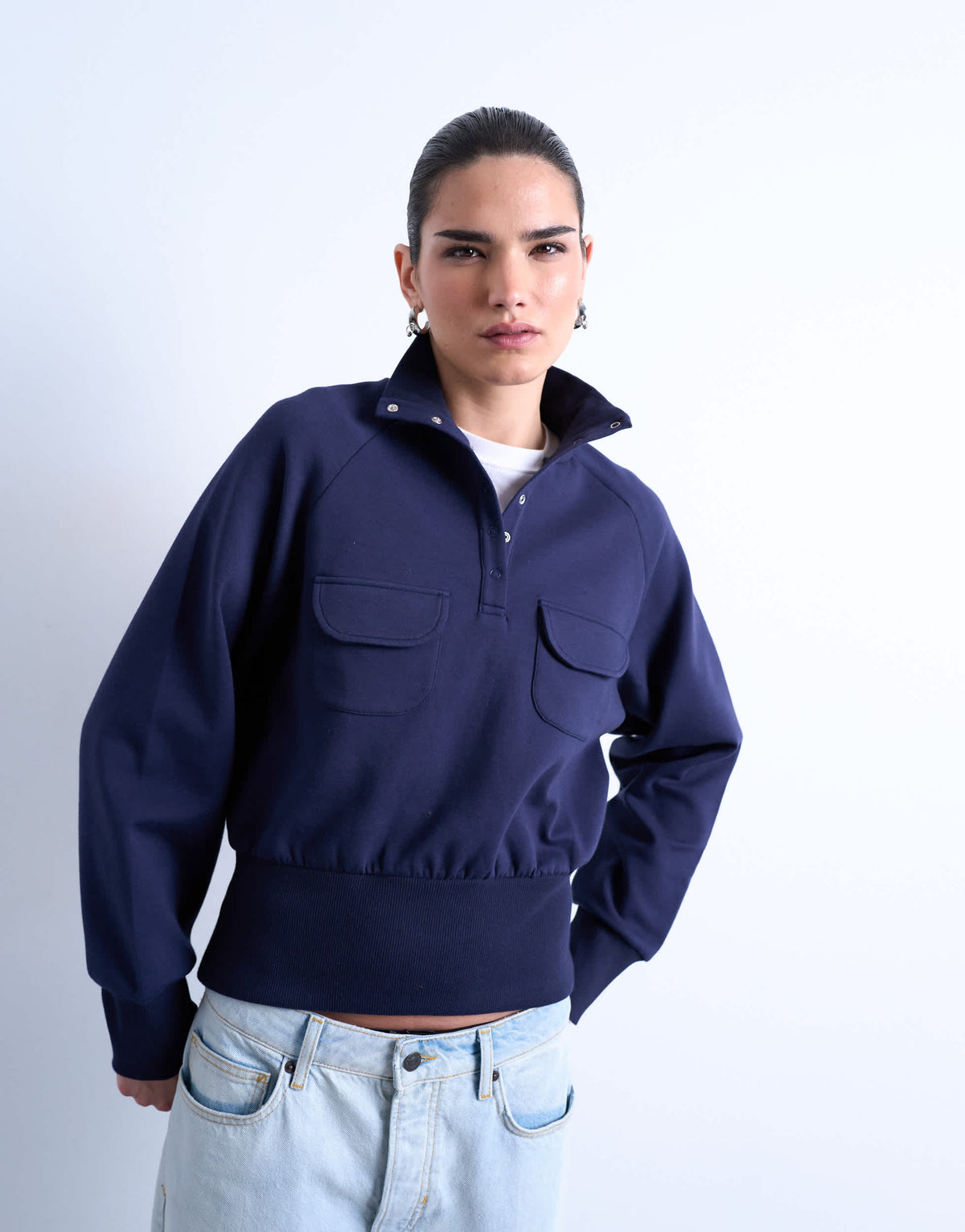 Topshop pocket detail funnel neck sweat in navy