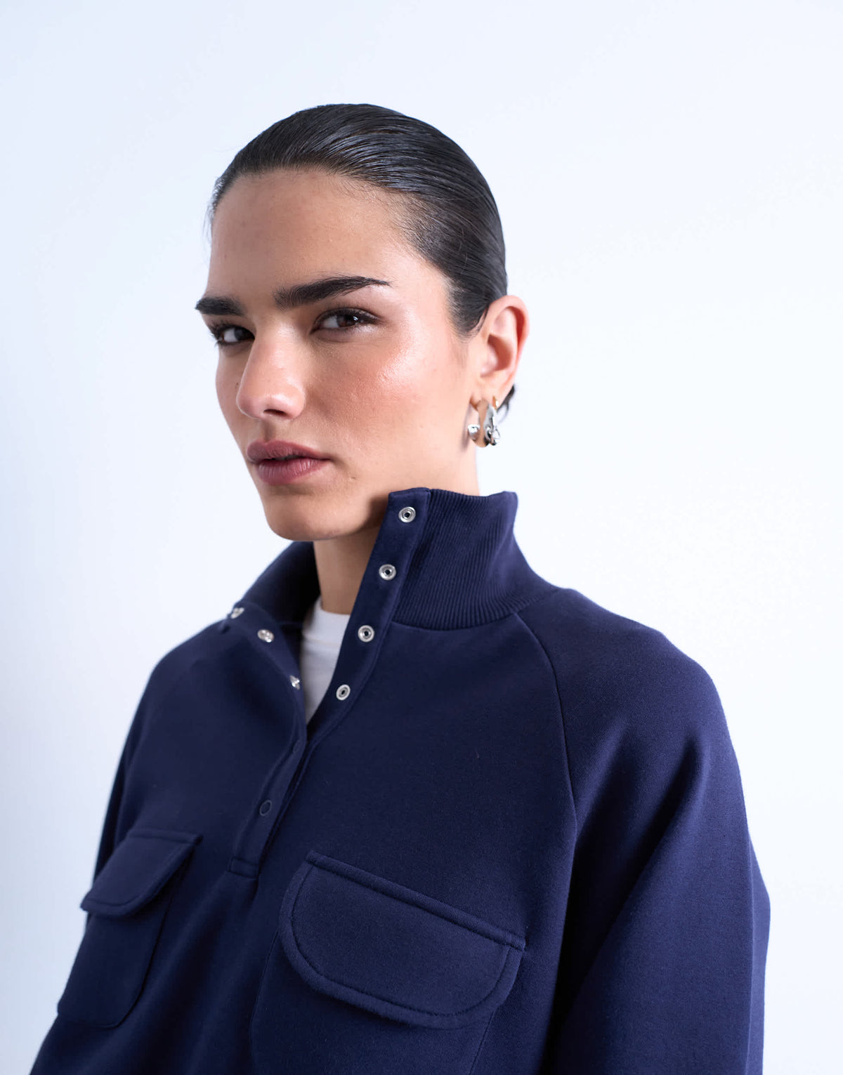 Topshop pocket detail funnel neck sweat in navy