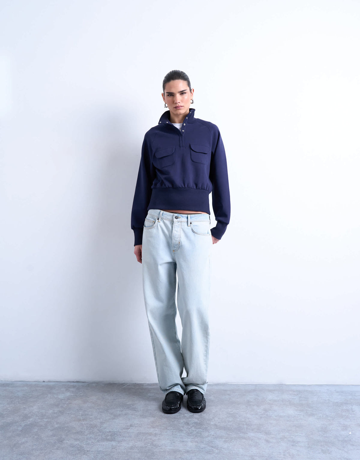 Topshop pocket detail funnel neck sweat in navy