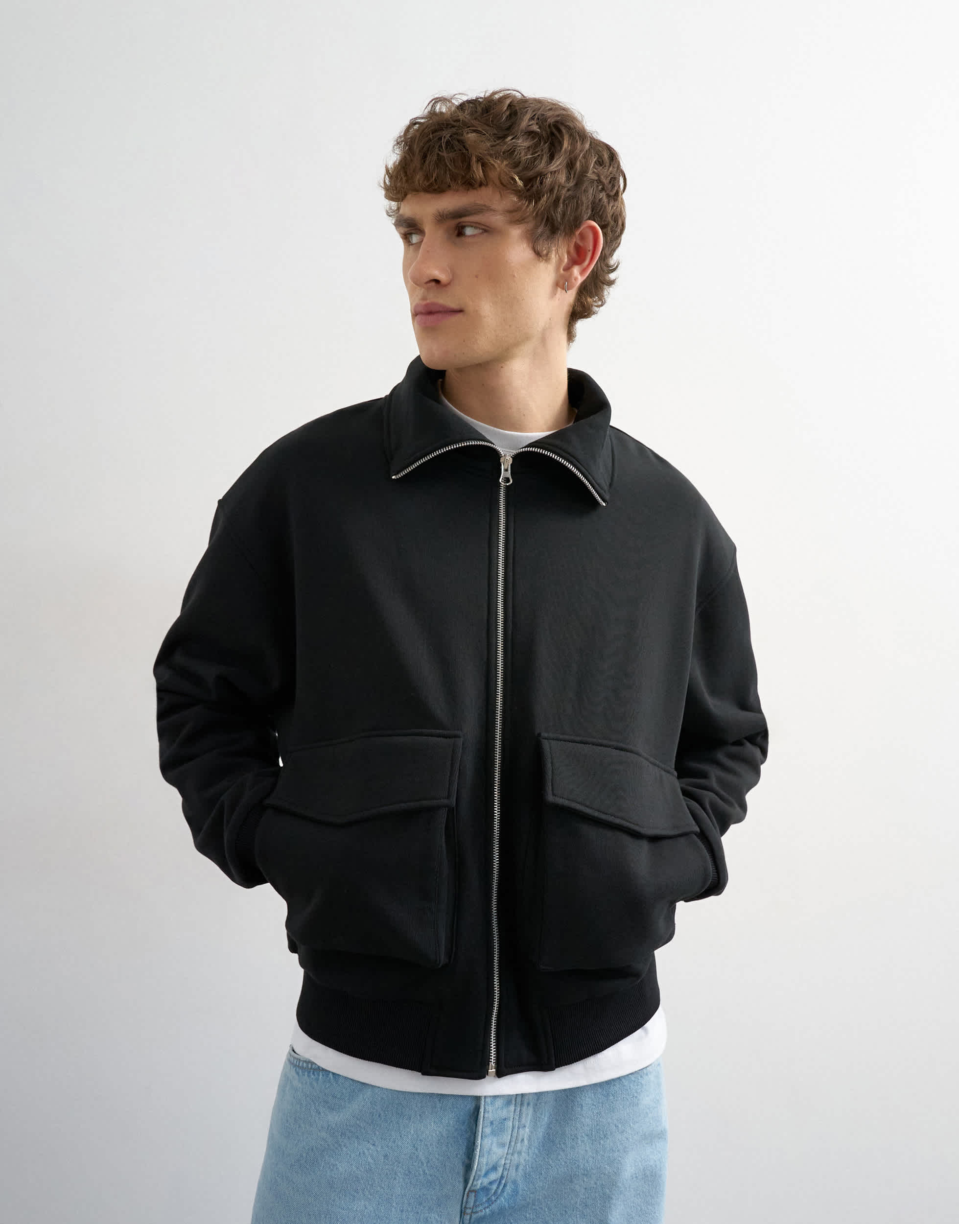 Topman Shacket aus Jersey in Relaxed Fit mit Trichterkragen in Schwarz