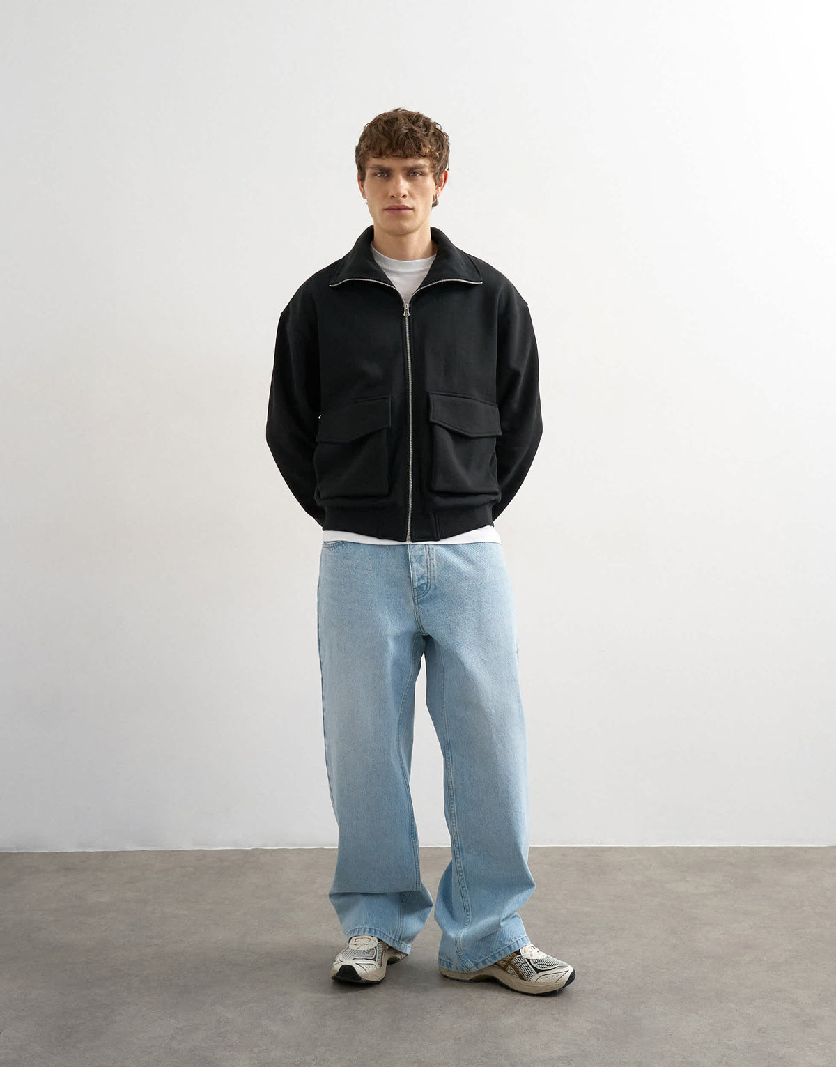 Topman relaxed fit jersey utility shacket with funnel in black