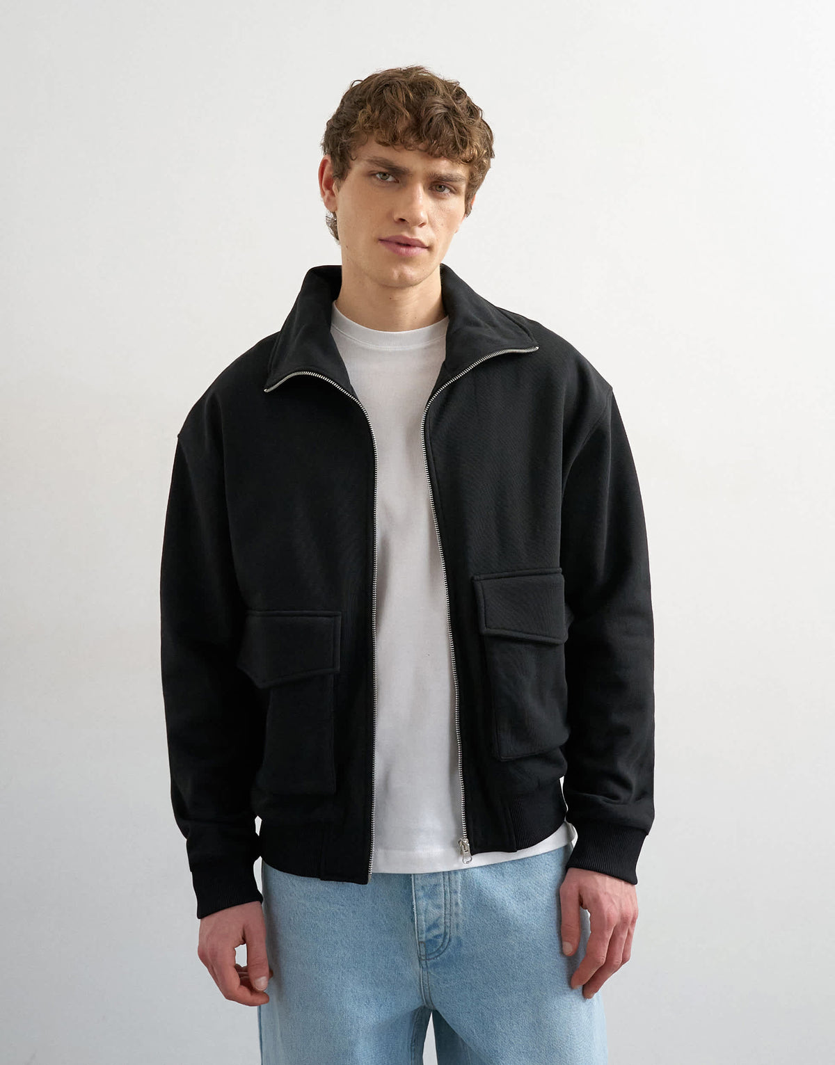 Topman relaxed fit jersey utility shacket with funnel in black