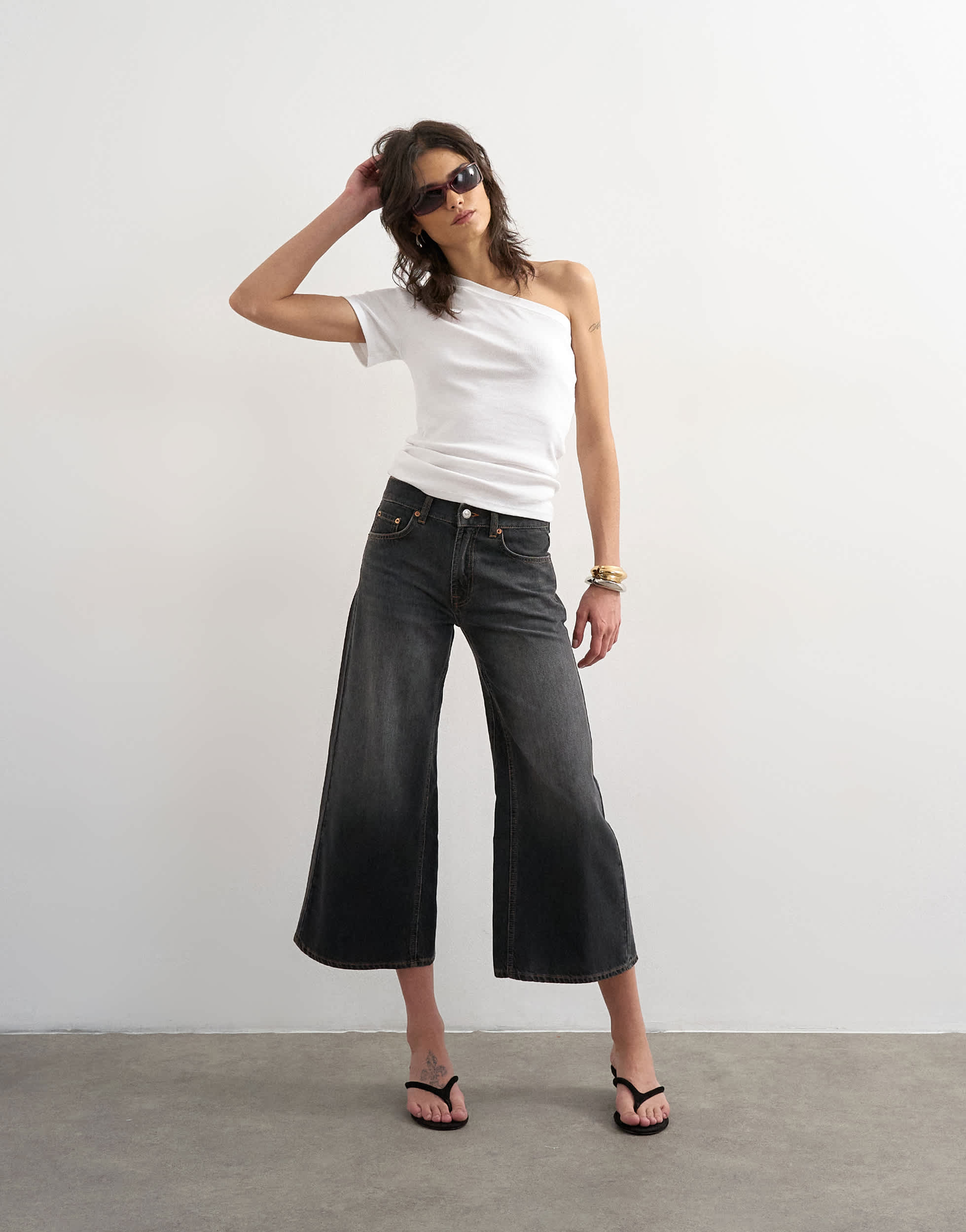 Topshop light weight wide crop jean in washed black