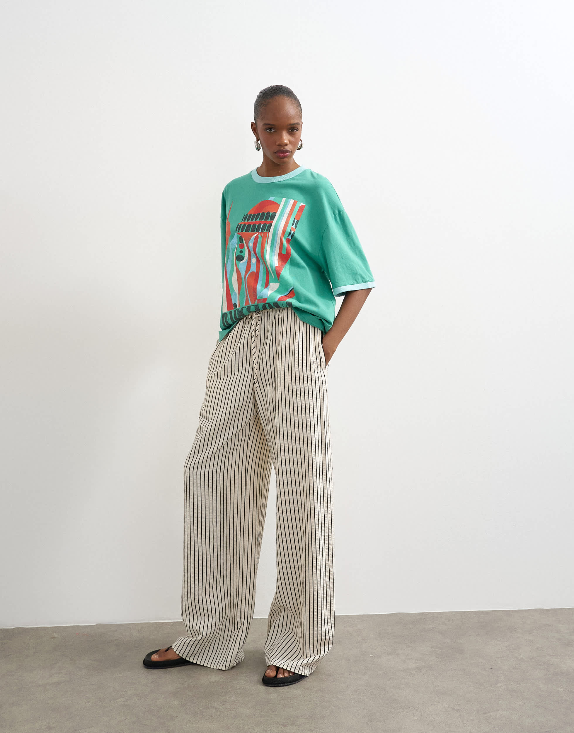 Topshop crinkle stripe drawcord trouser in mono