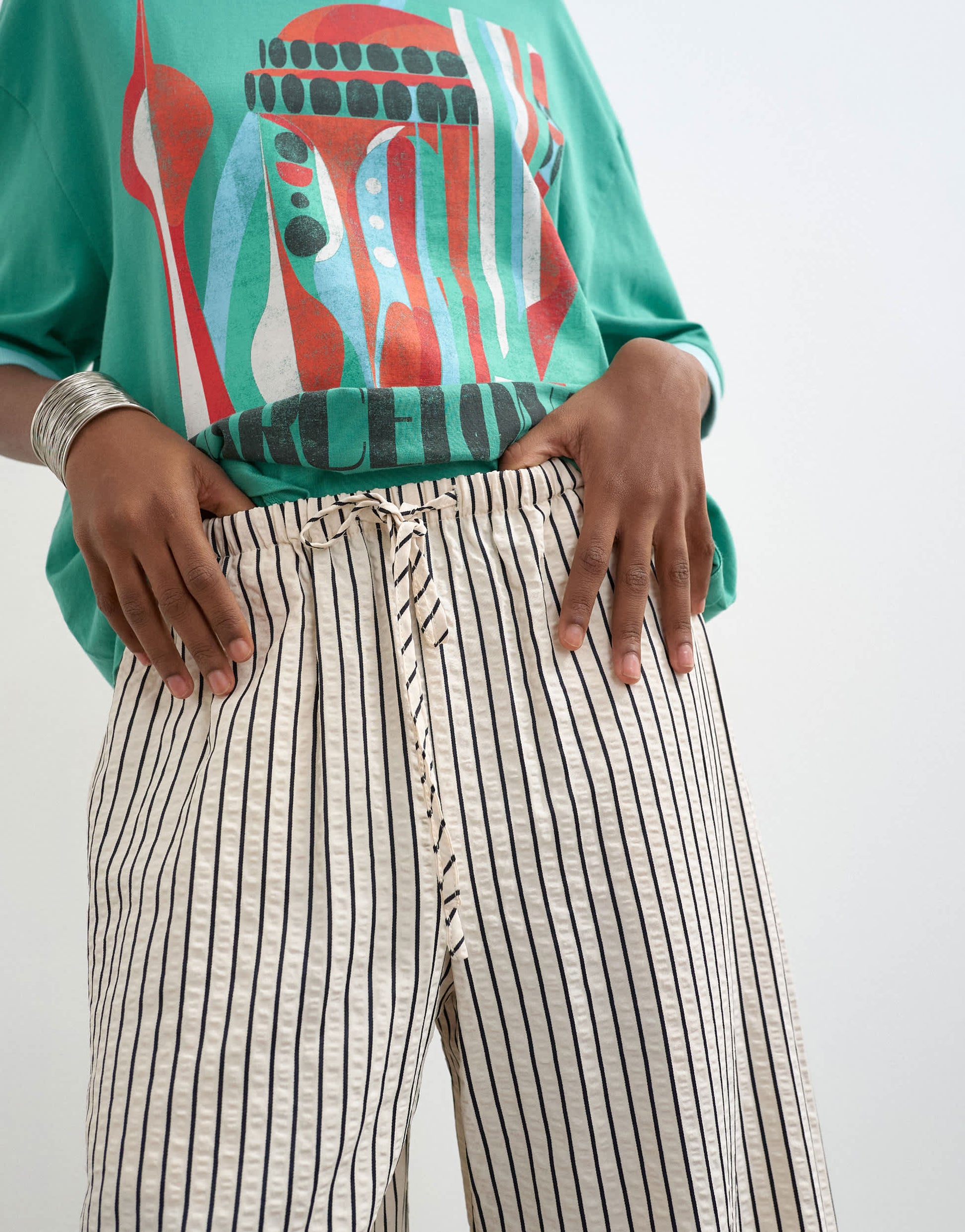 Topshop crinkle stripe drawcord trouser in mono