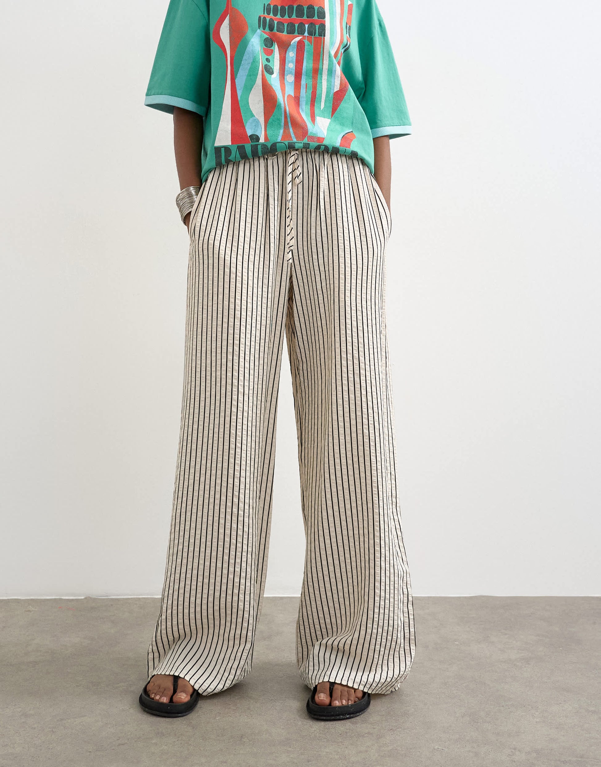 Topshop crinkle stripe drawcord trouser in mono