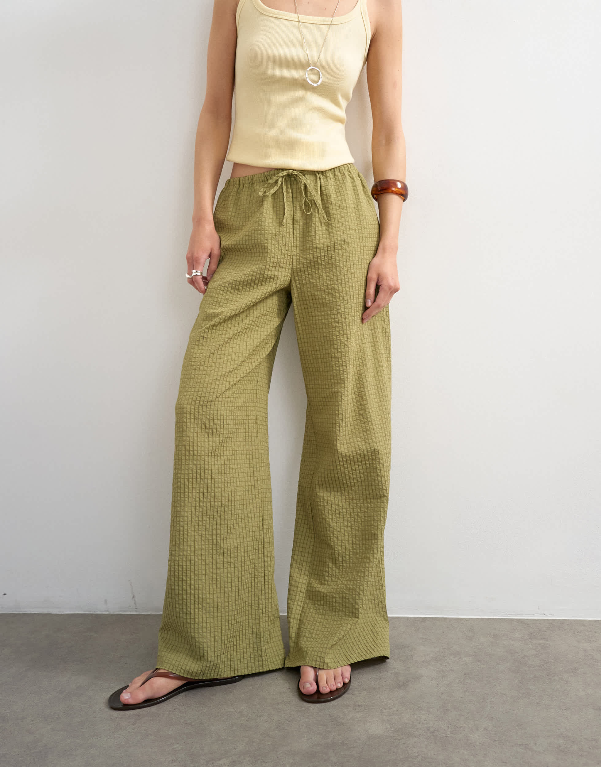 Topshop crinkle check drawcord trouser in green