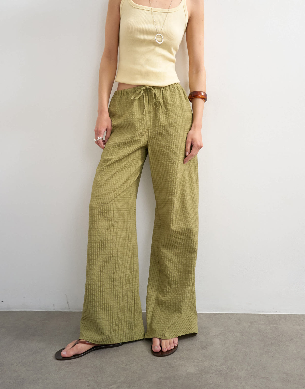 Topshop crinkle check drawcord trouser in green
