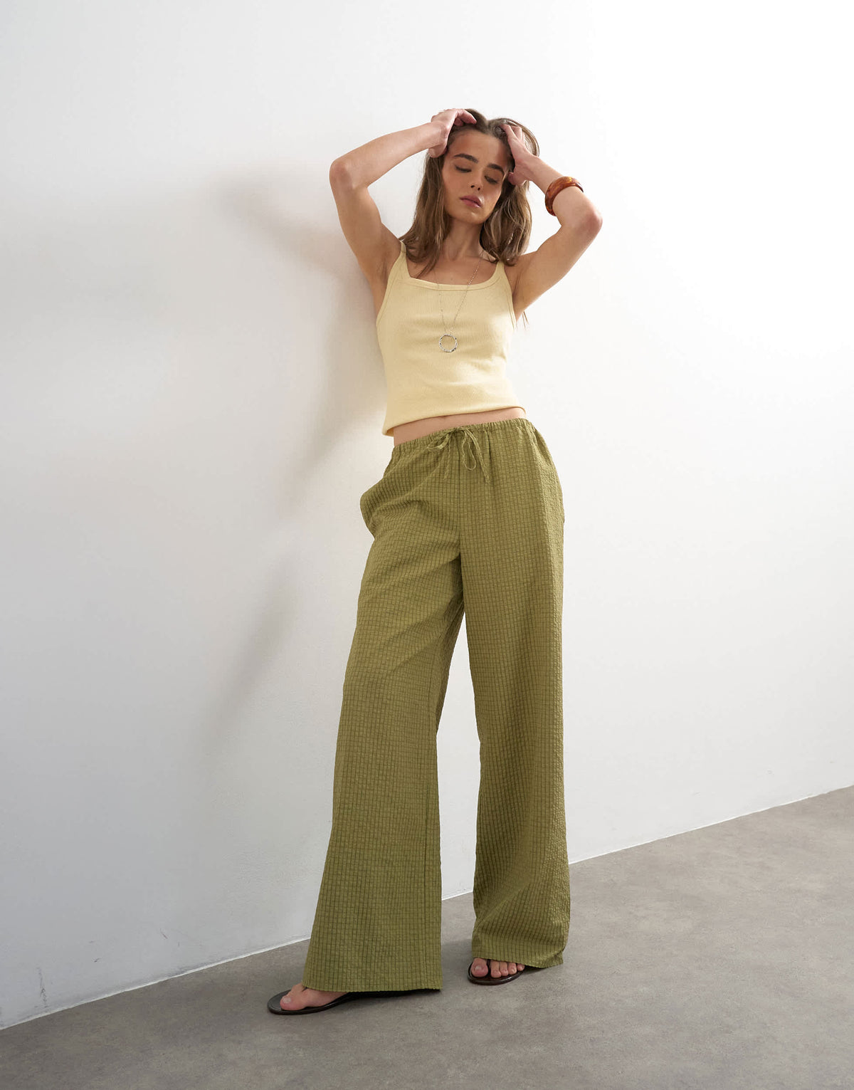 Topshop crinkle check drawcord trouser in green