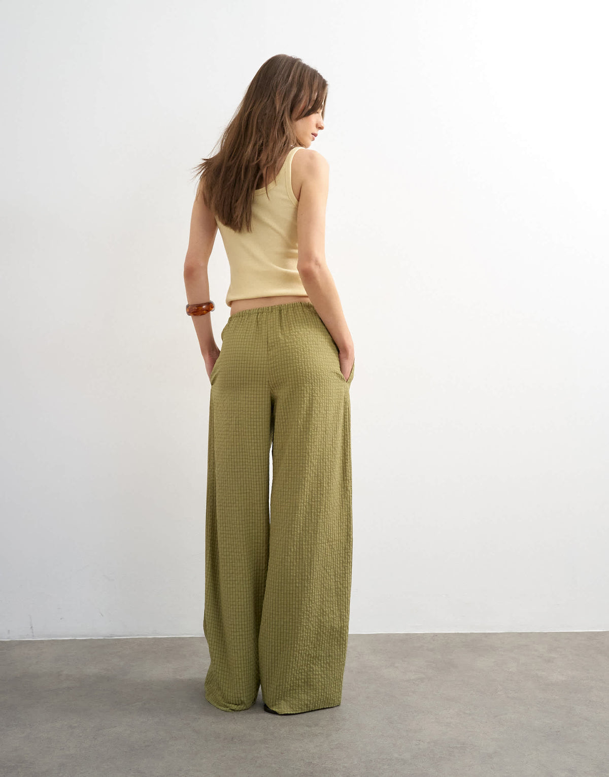 Topshop crinkle check drawcord trouser in green