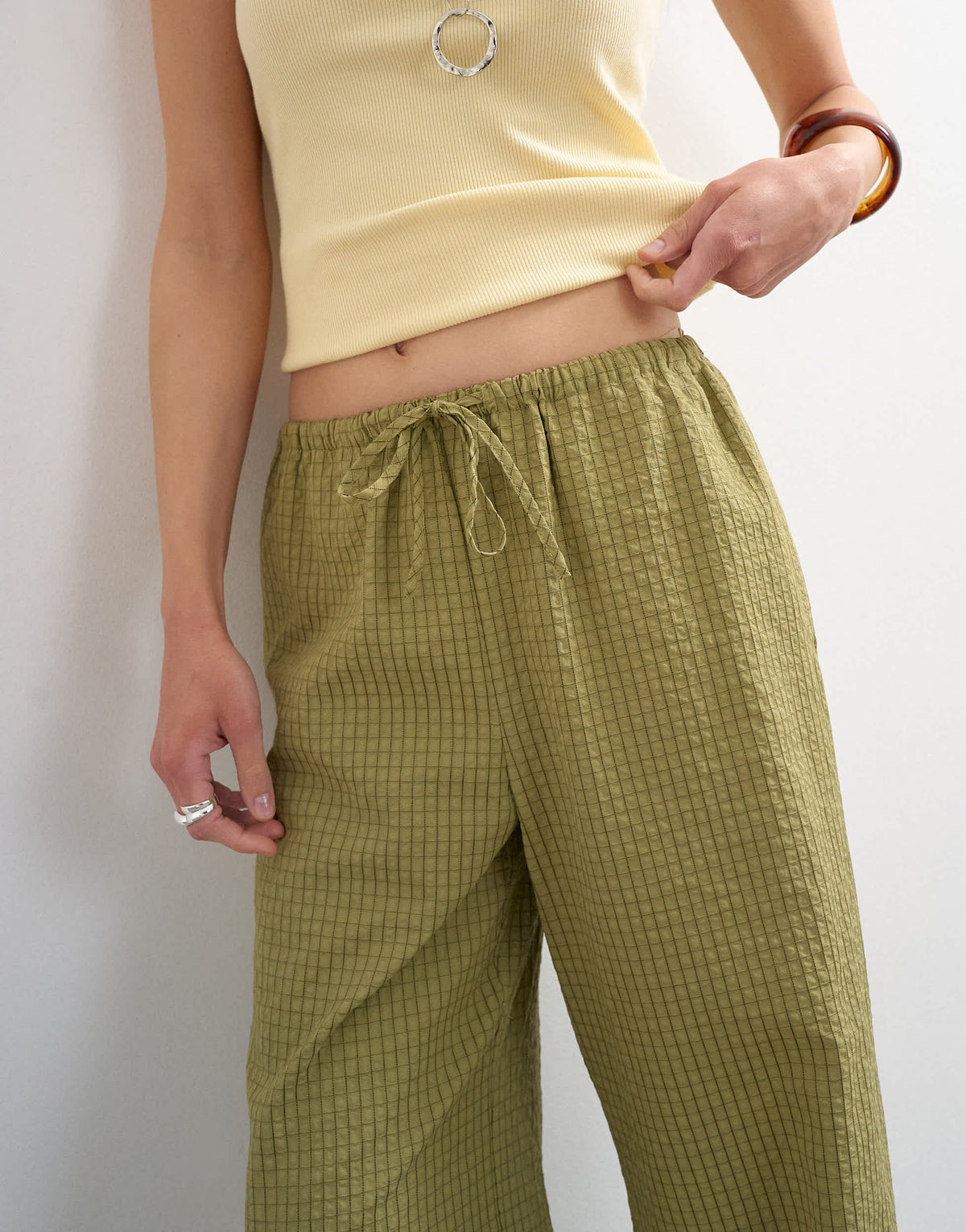 Topshop crinkle check drawcord trouser in green