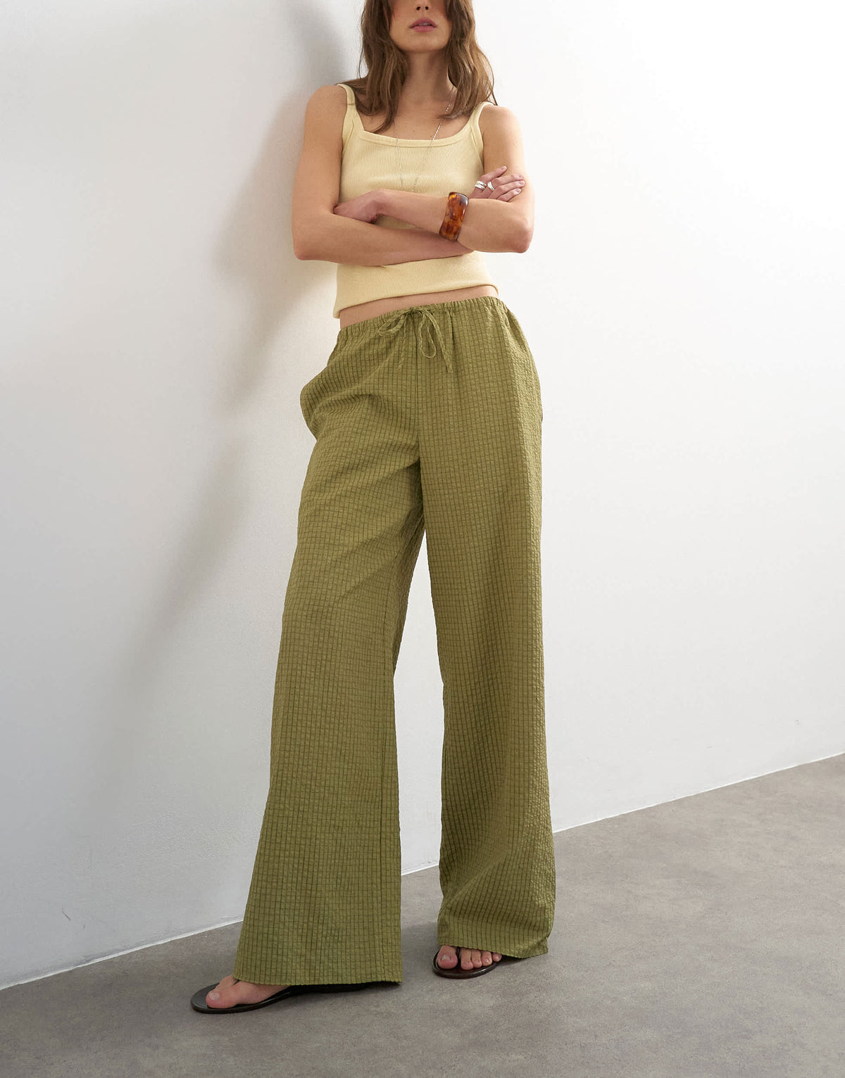 Topshop crinkle check drawcord trouser in green