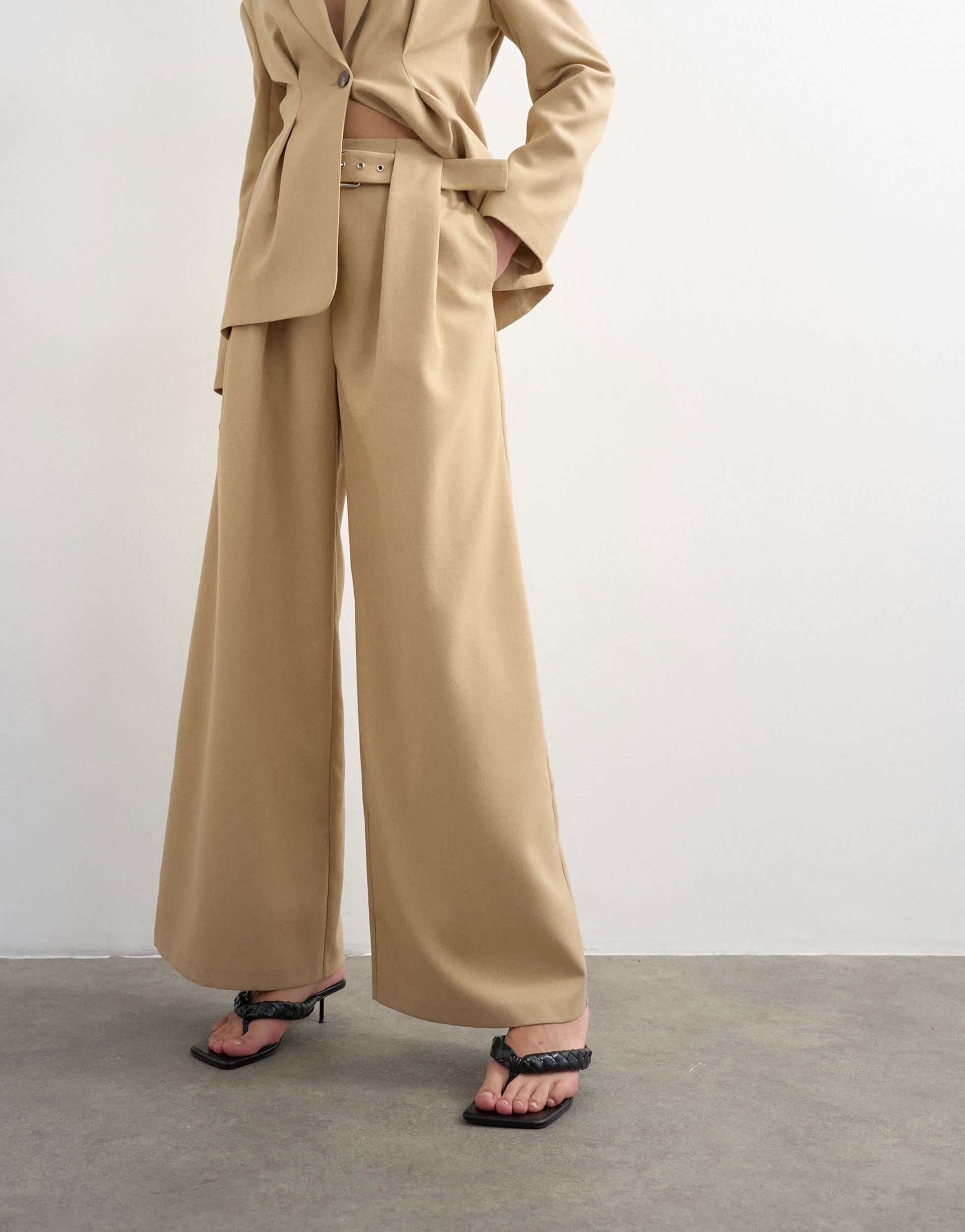 Topshop co ord belted highwaisted double pleat trouser in beige