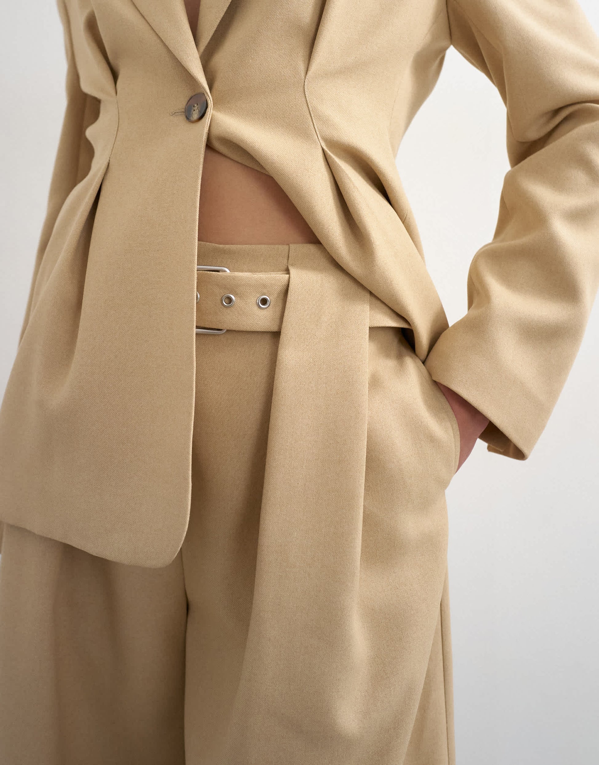 Topshop co ord belted highwaisted double pleat trouser in beige