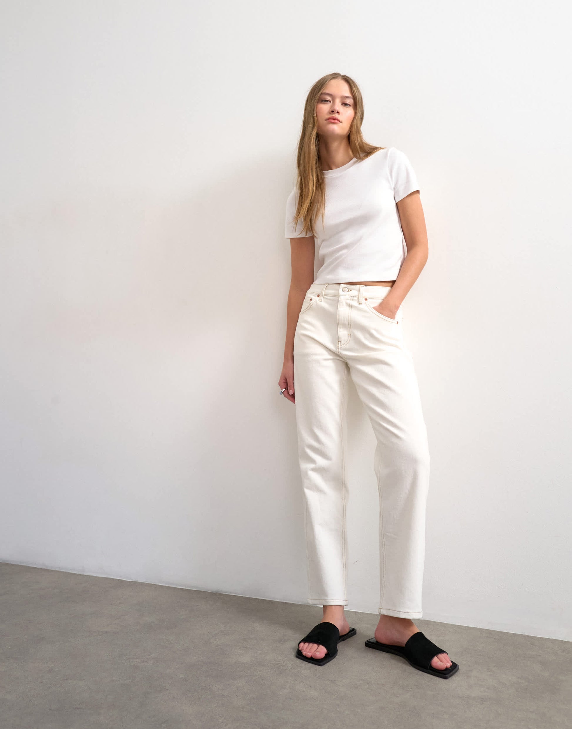 Topshop Orson mid rise comfort straight jean in bone