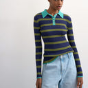 Topshop knitted striped collar polo in khaki