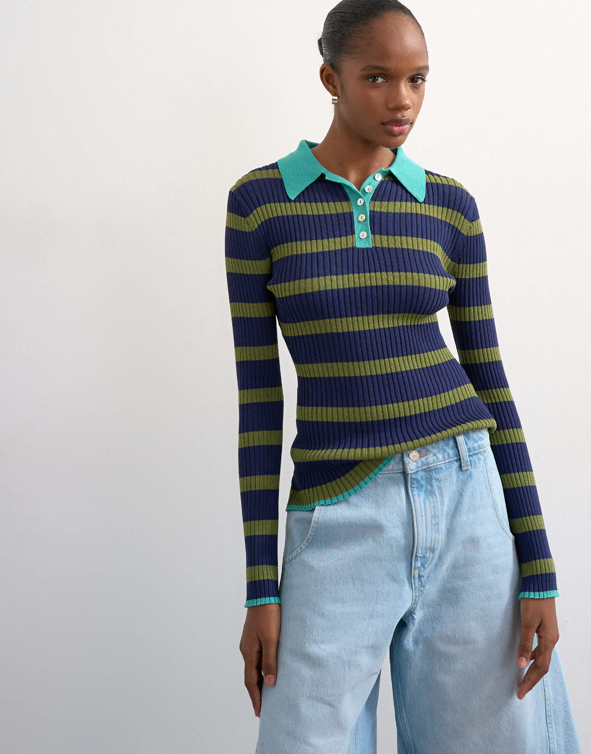 Topshop knitted striped collar polo in khaki