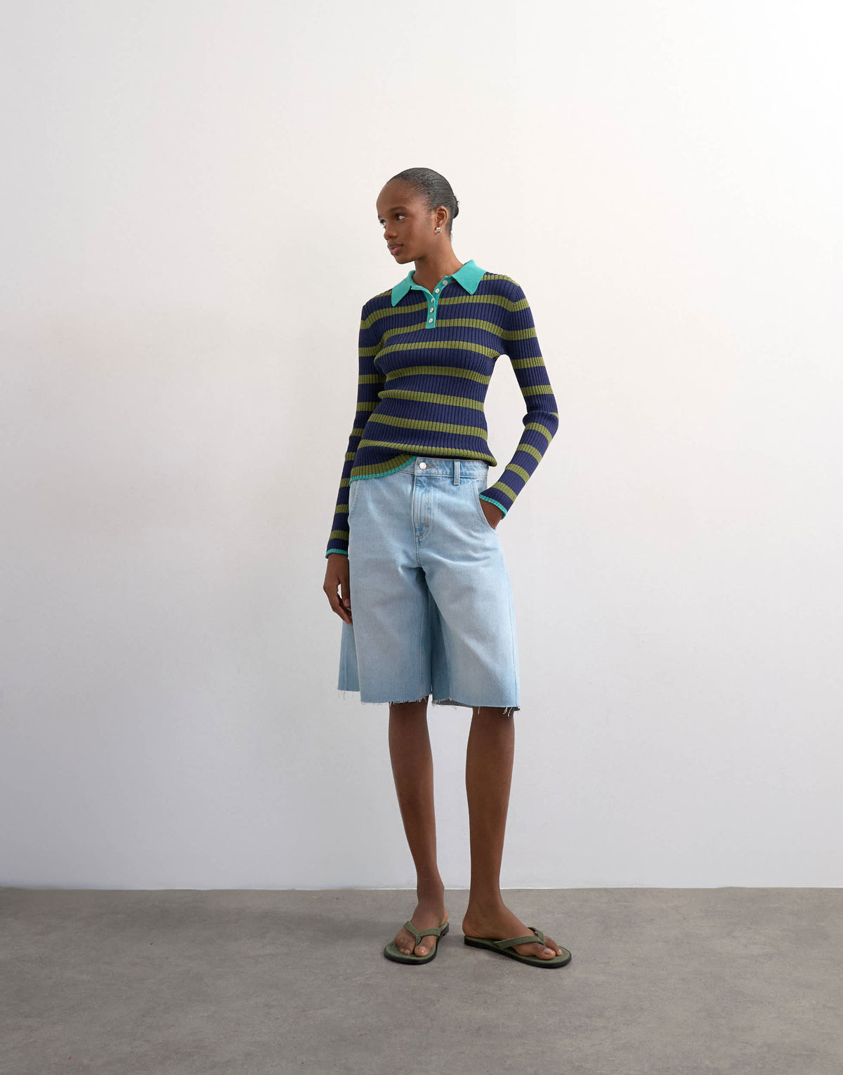 Topshop knitted striped collar polo in khaki