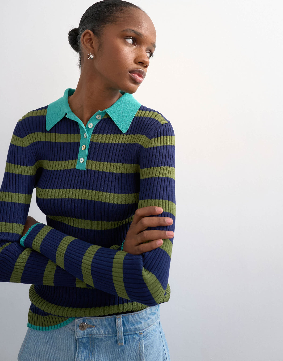Topshop knitted striped collar polo in khaki