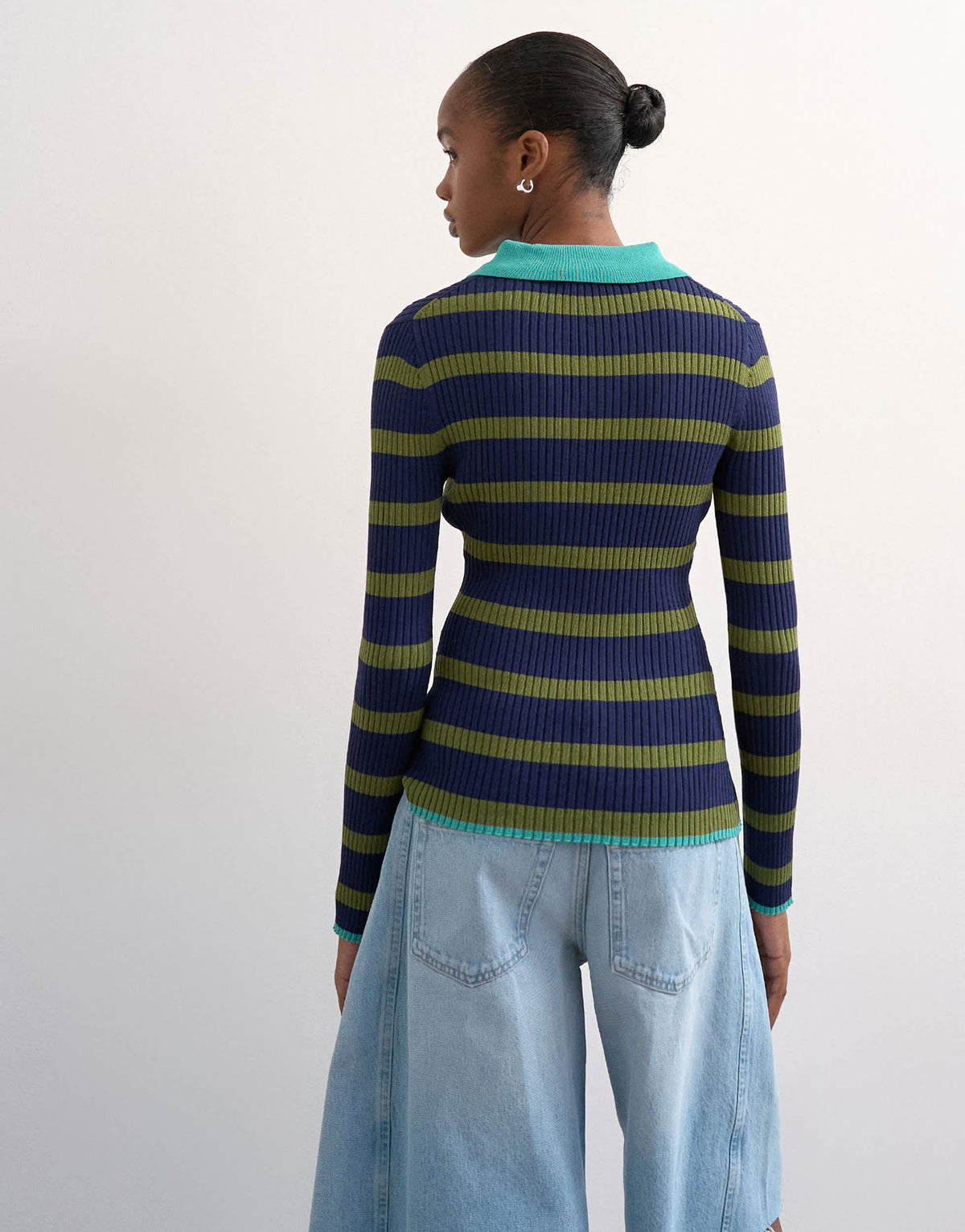 Topshop knitted striped collar polo in khaki