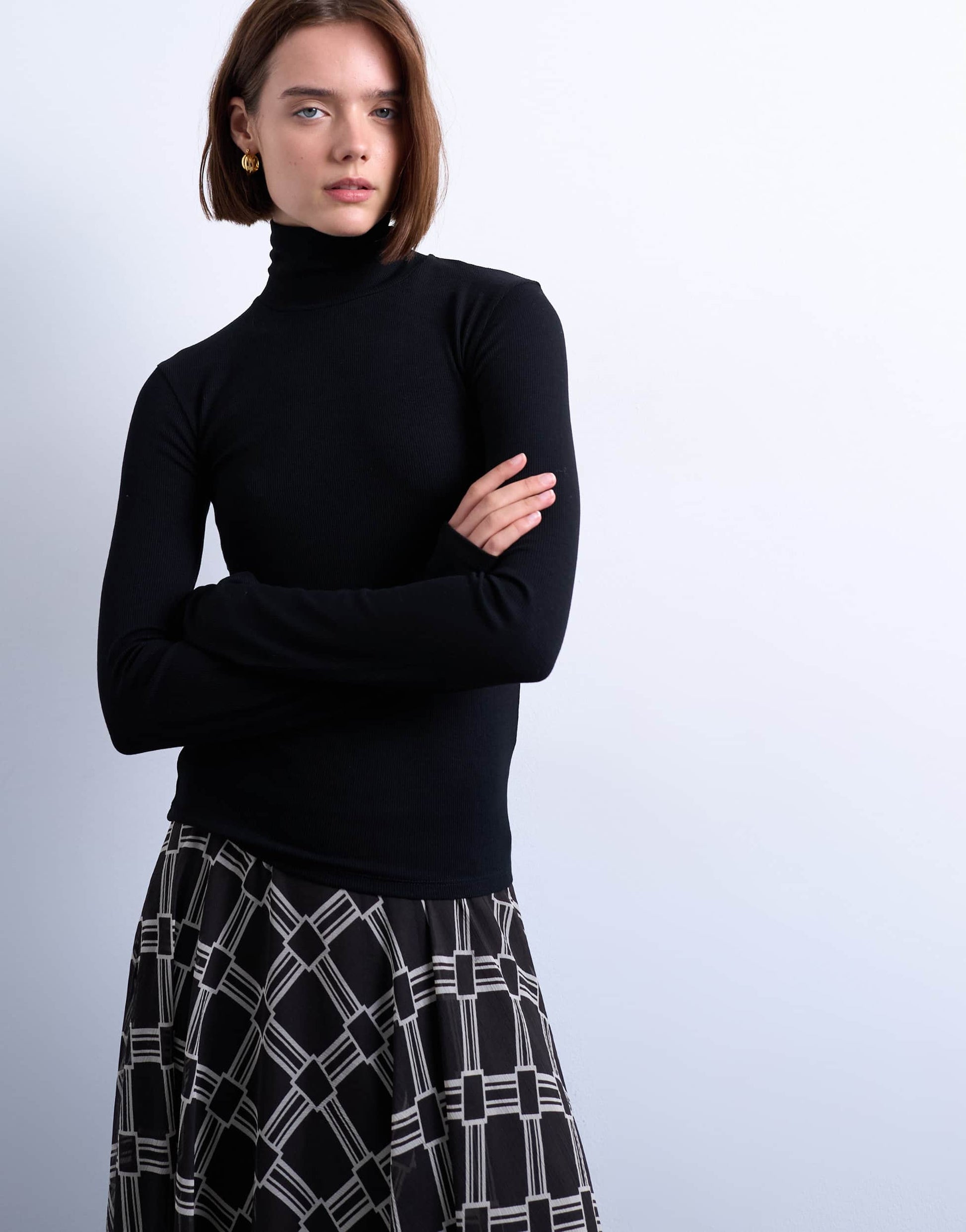 Topshop premium rib funnel neck long sleeve top in black