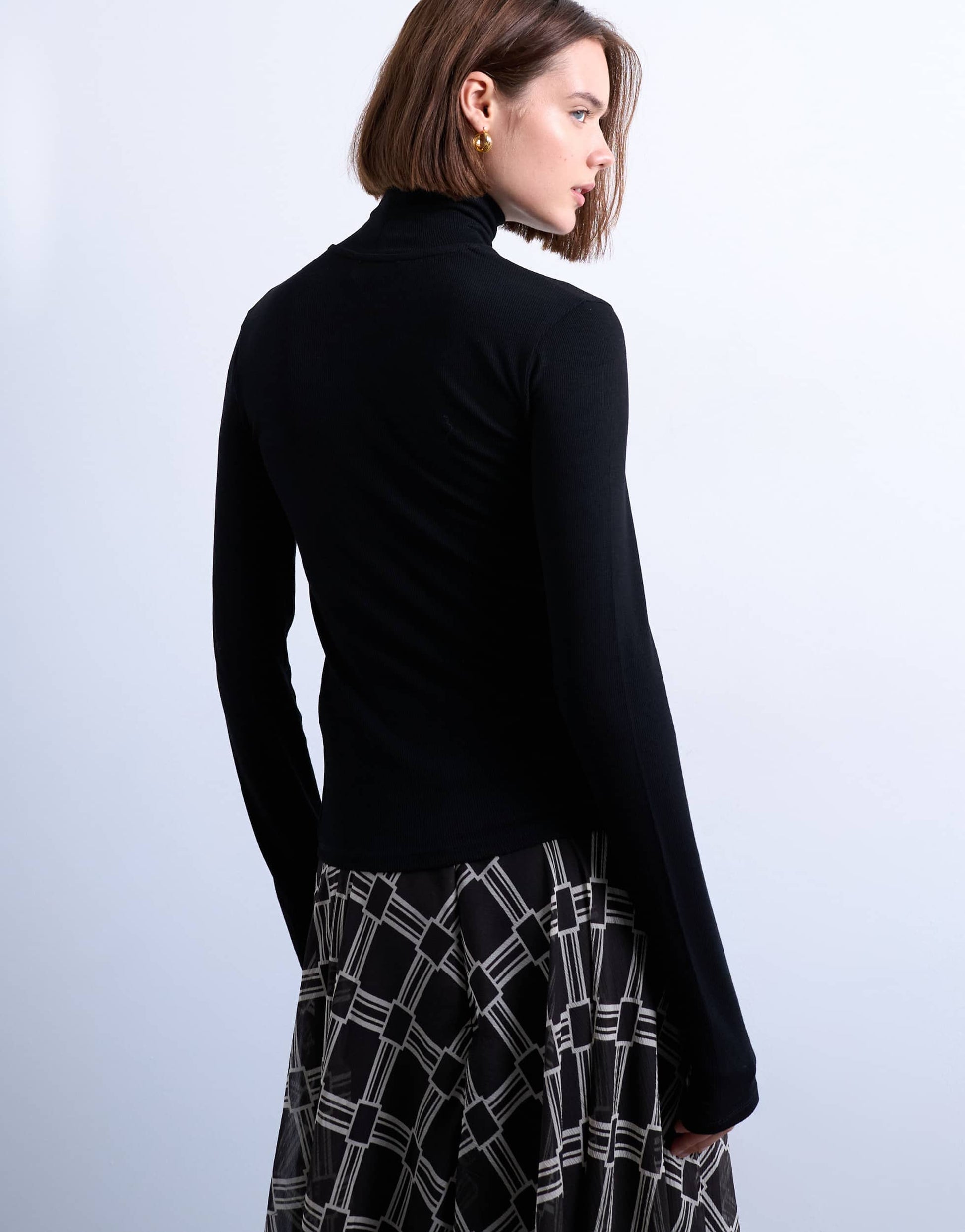 Topshop premium rib funnel neck long sleeve top in black