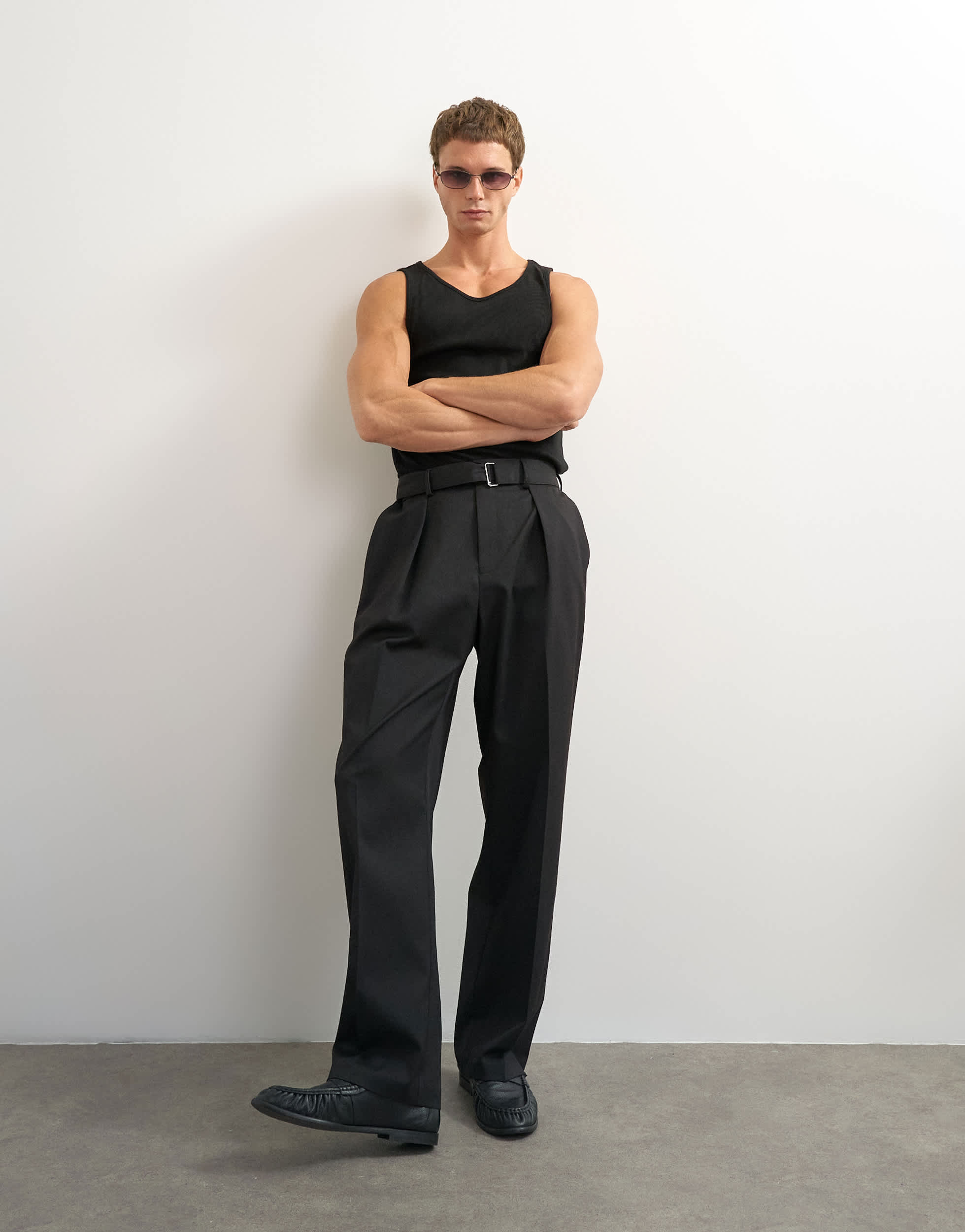 Topman wide leg belted twill trouser in black