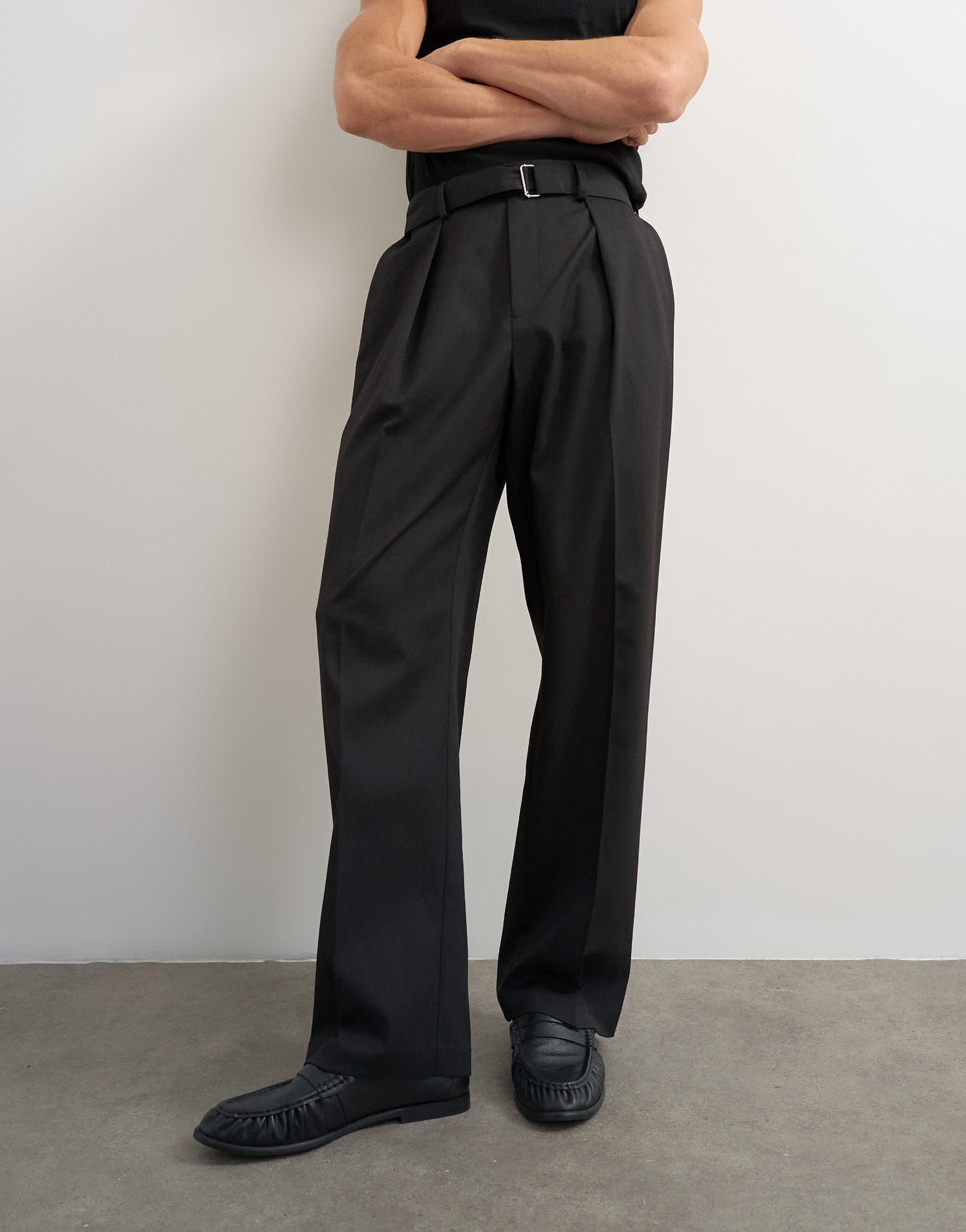 Topman wide leg belted twill trouser in black