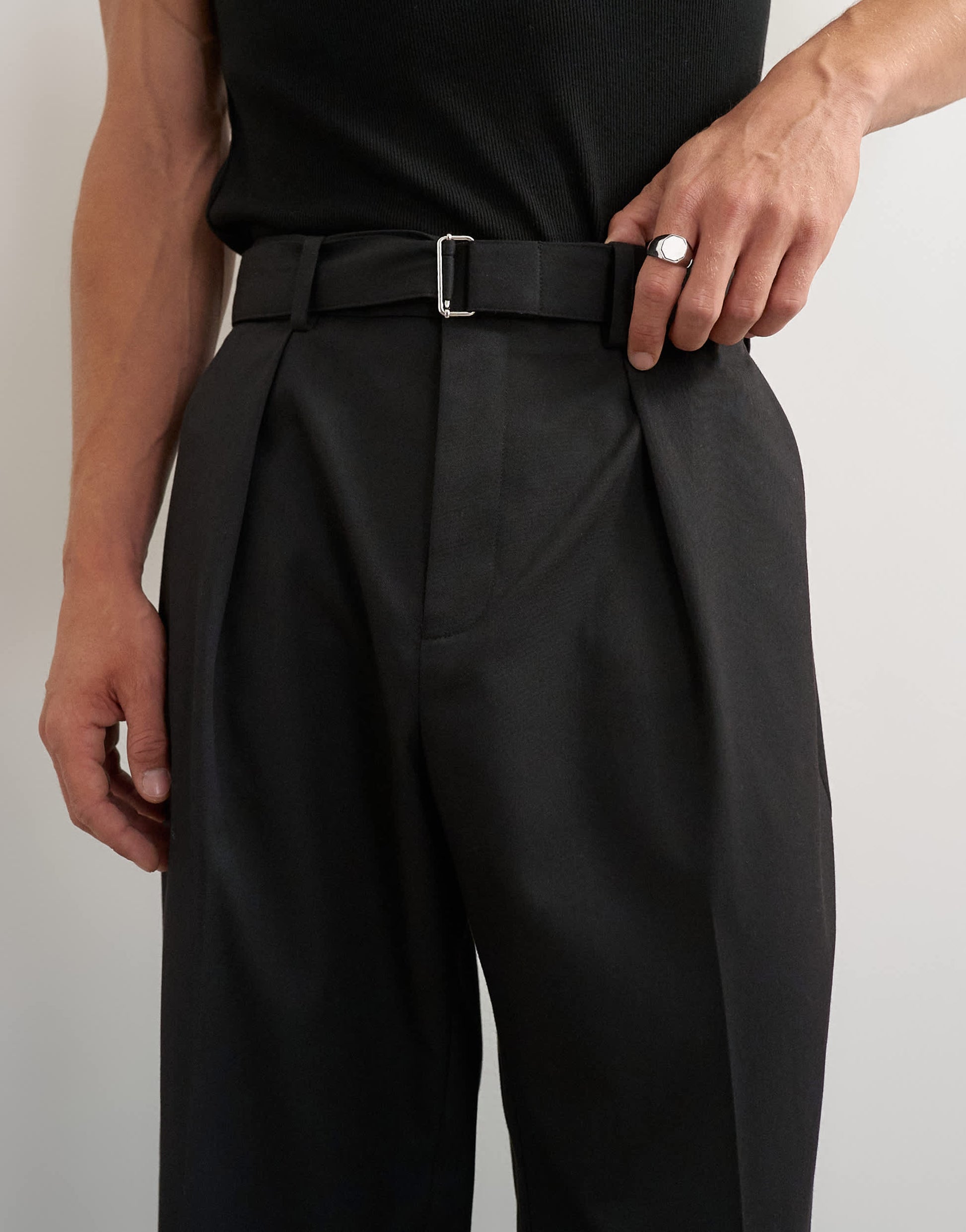 Topman wide leg belted twill trouser in black