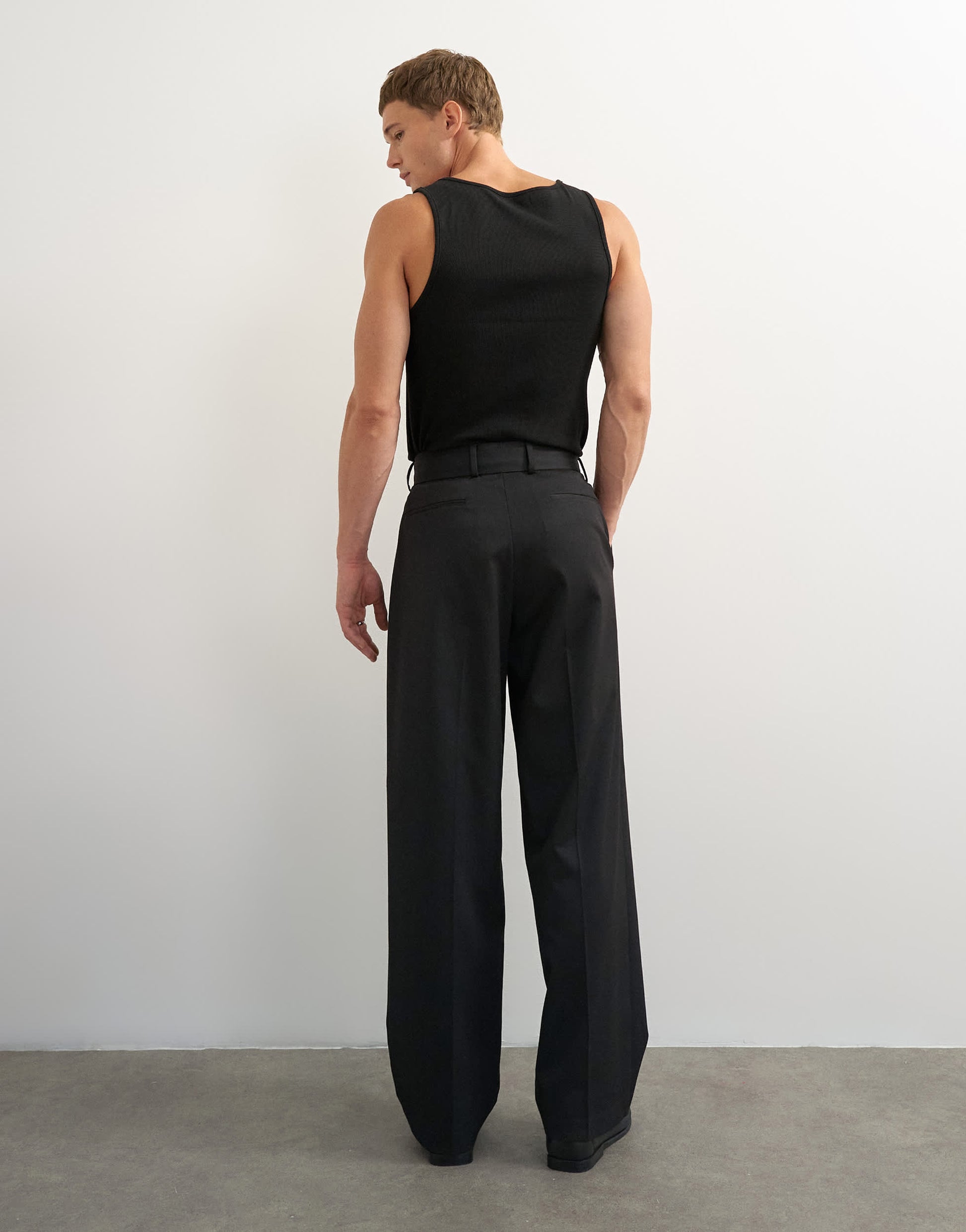 Topman wide leg belted twill trouser in black