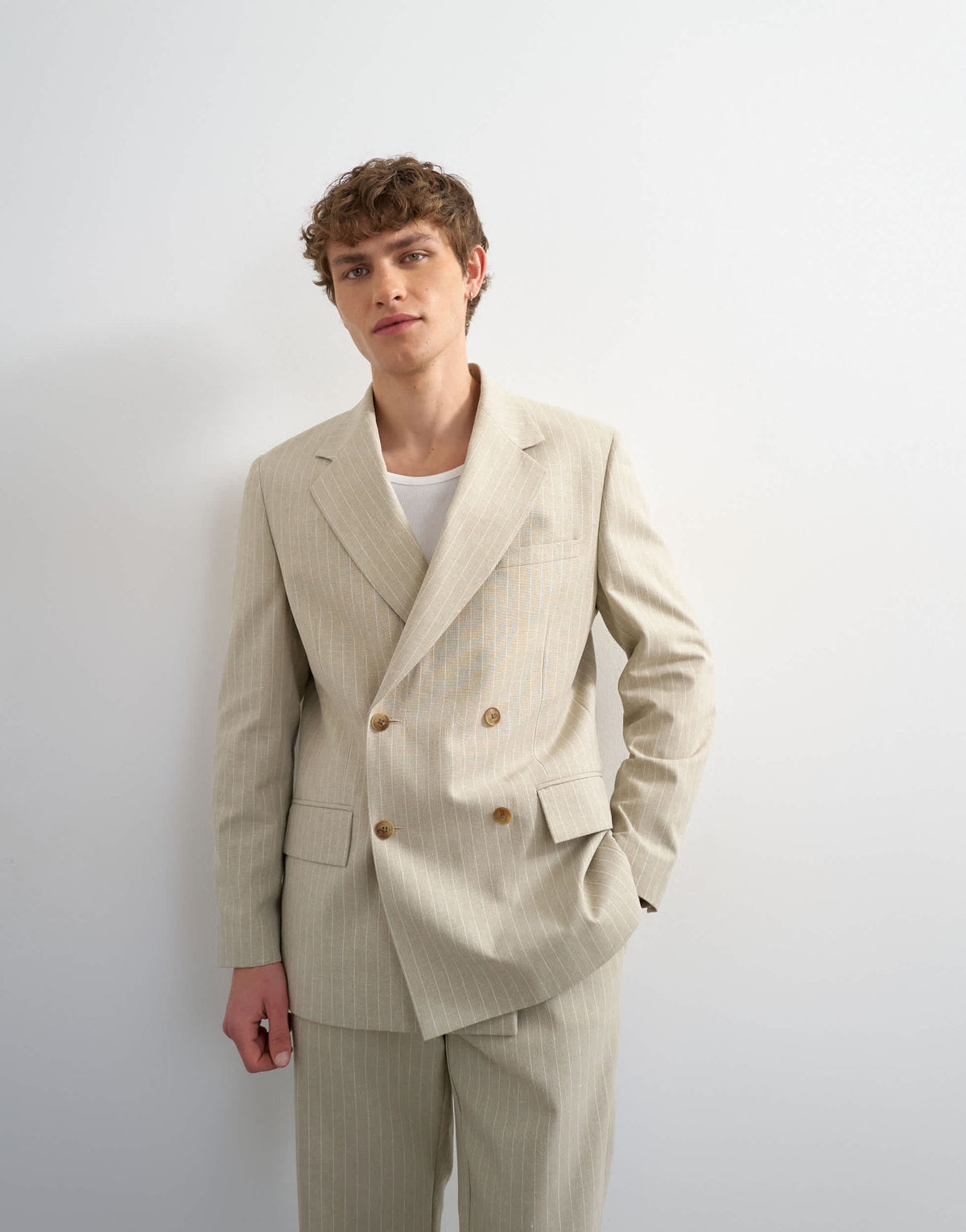 Topman relaxed fit double breasted stripe blazer in stone