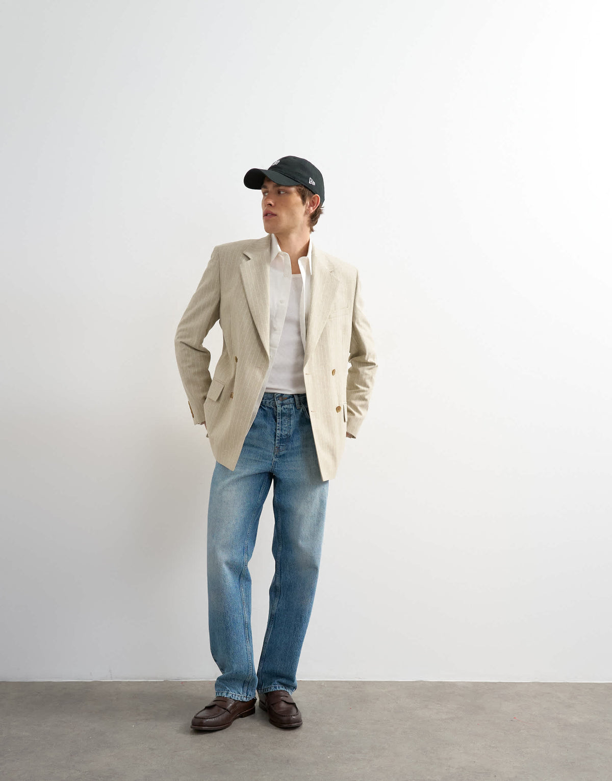 Topman relaxed fit double breasted stripe blazer in stone