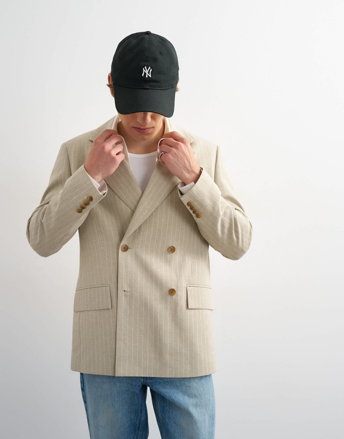 Topman relaxed fit double breasted stripe blazer in stone