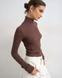 Topshop premium rib funnel neck long sleeve top in chocolate