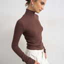 Topshop premium rib funnel neck long sleeve top in chocolate