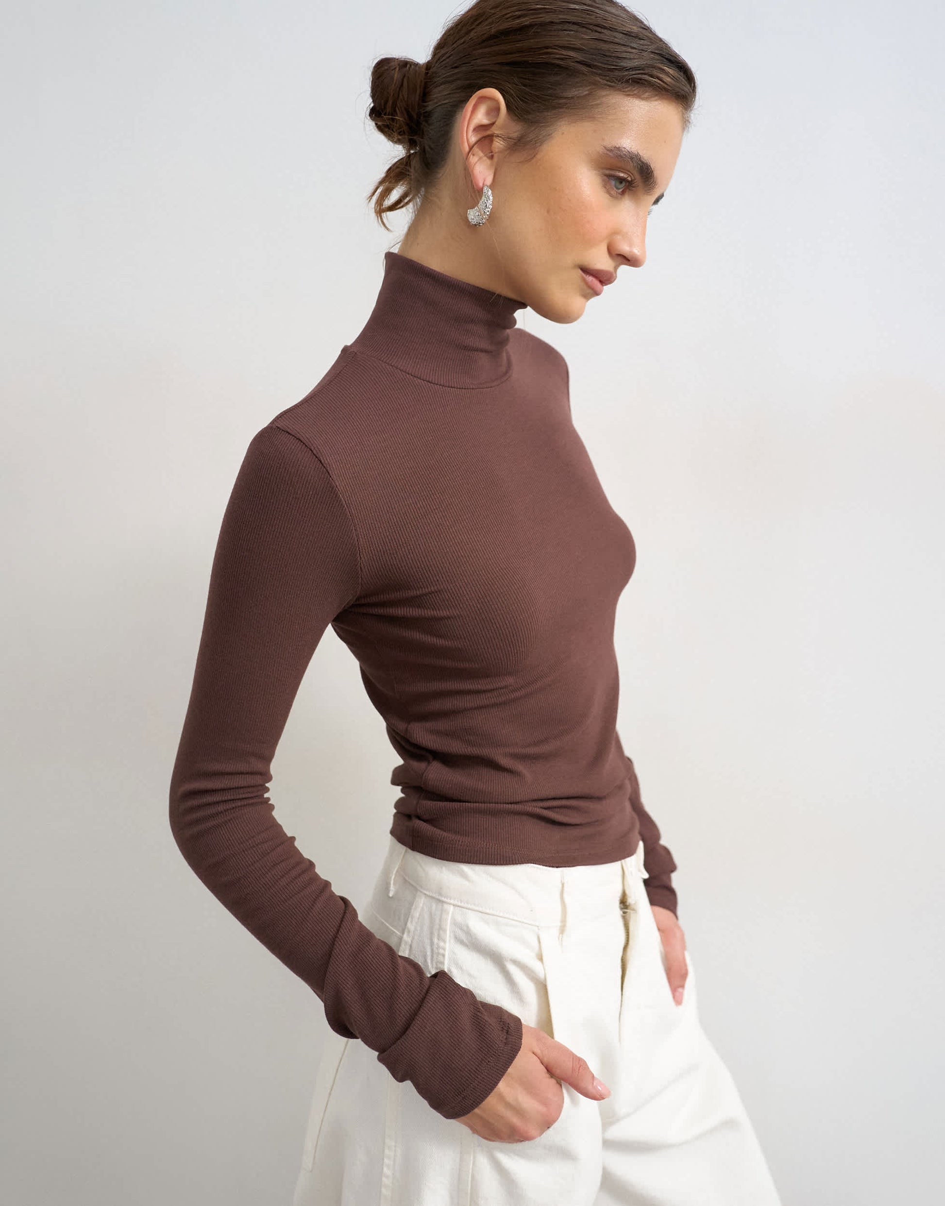 Topshop premium rib funnel neck long sleeve top in chocolate