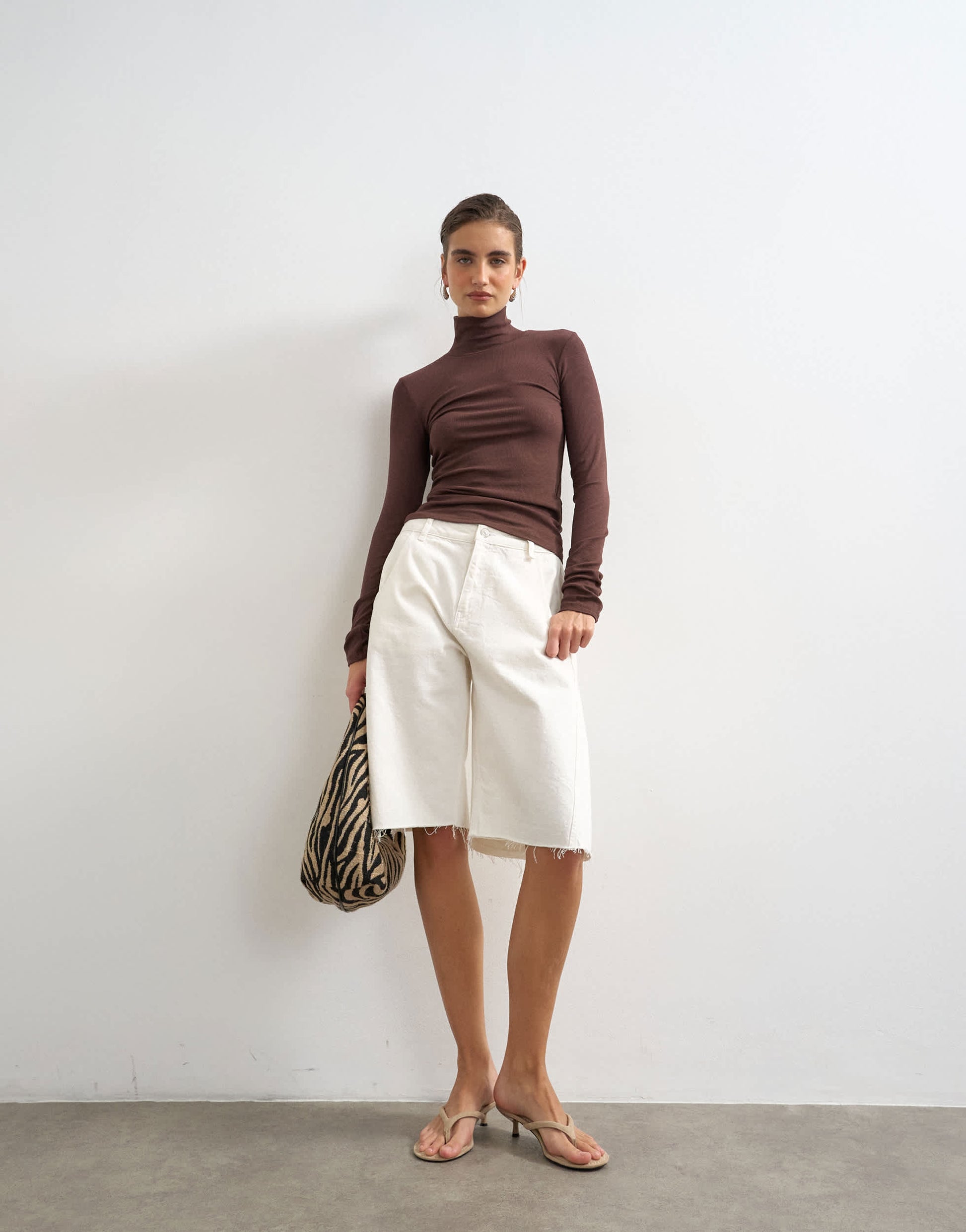 Topshop premium rib funnel neck long sleeve top in chocolate