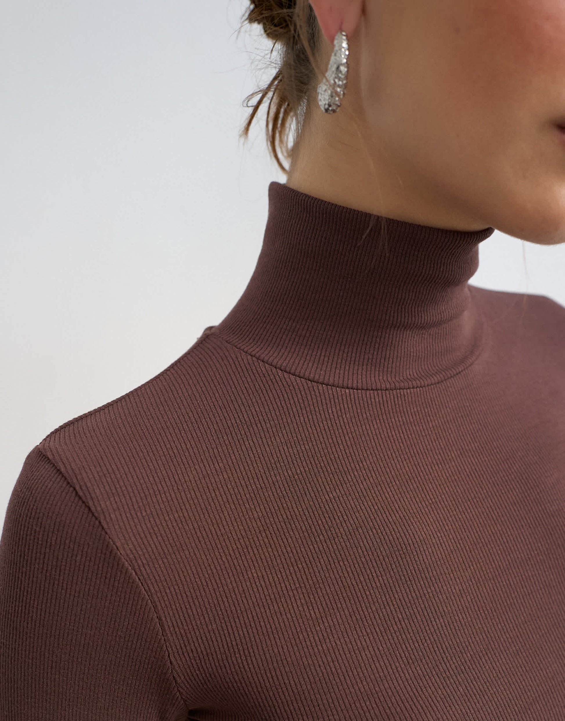 Topshop premium rib funnel neck long sleeve top in chocolate