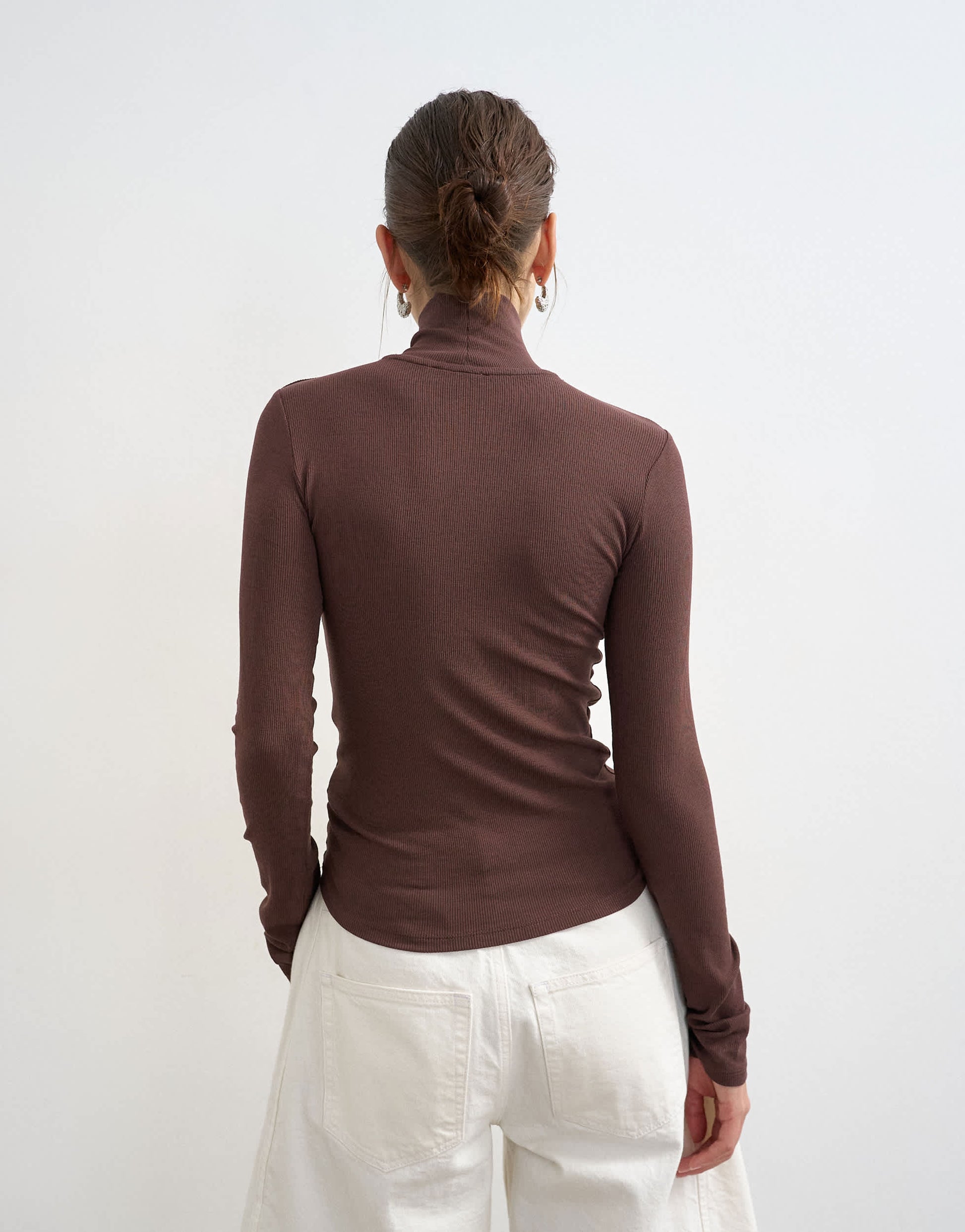 Topshop premium rib funnel neck long sleeve top in chocolate