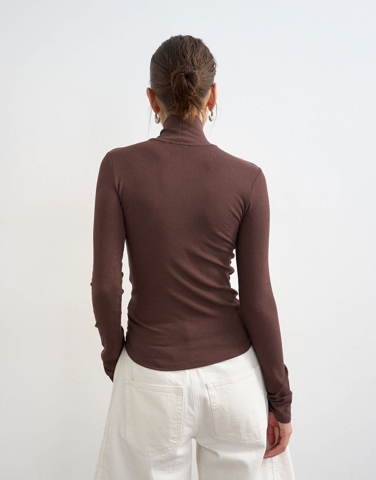 Topshop premium rib funnel neck long sleeve top in chocolate