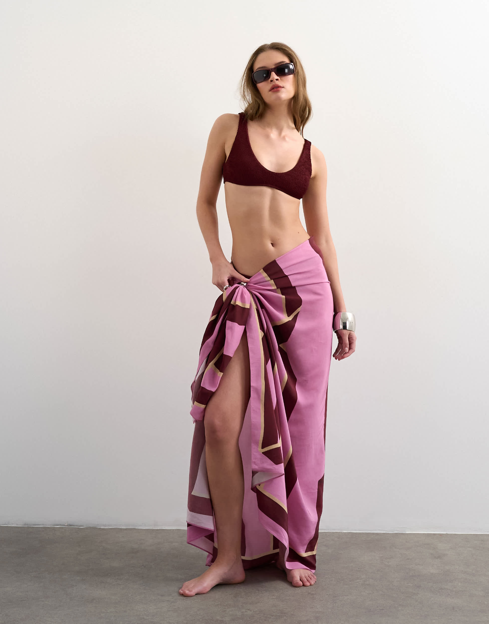 Topshop rectangle sarong in pink and burgundy stripe print