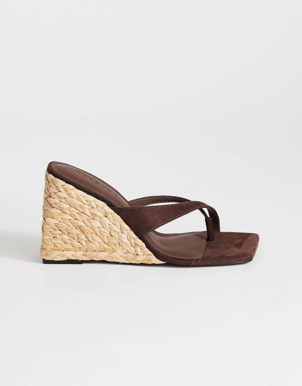 Topshop Naomi raffia wedge toe thong mule sandal in chocolate faux suede