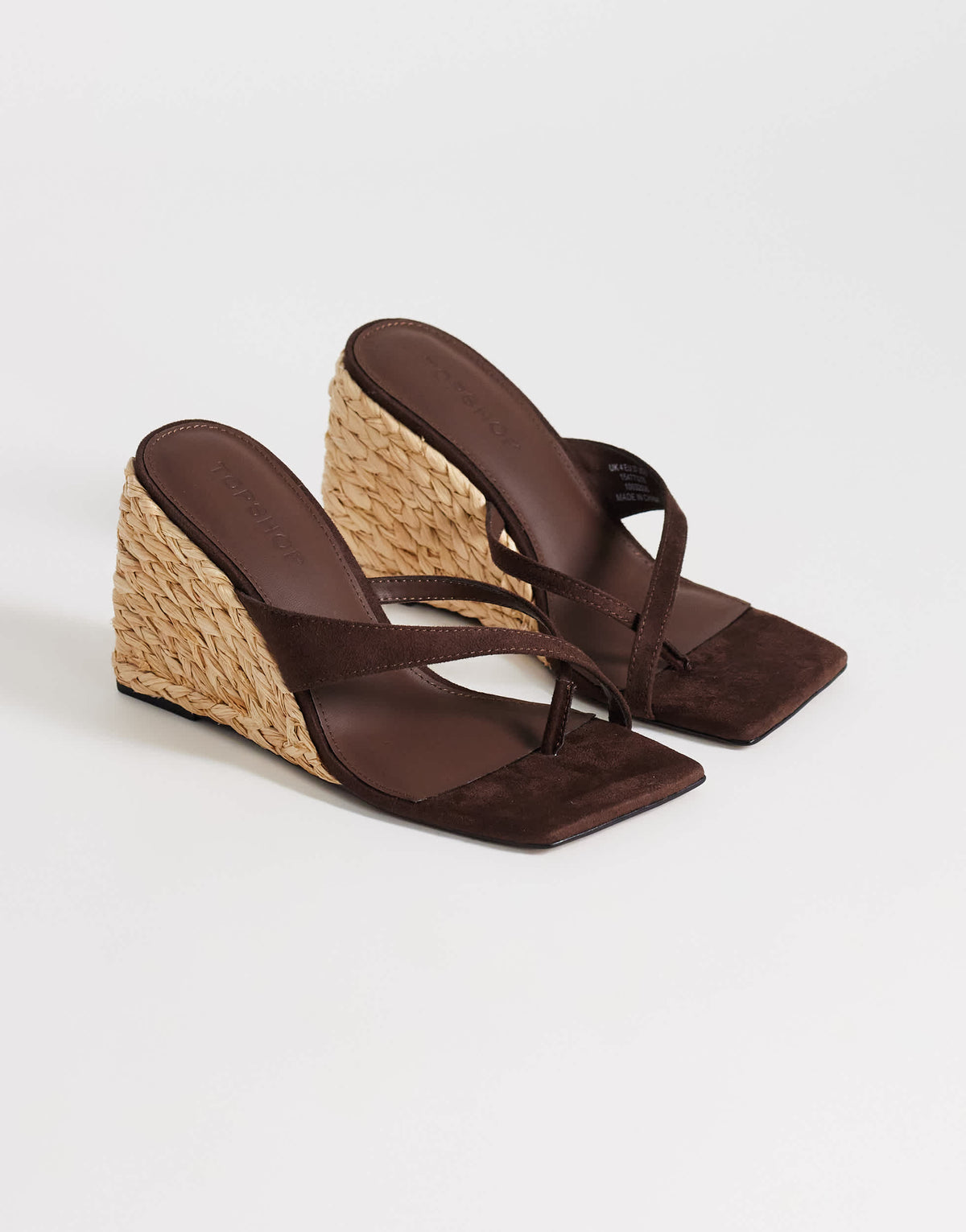 Topshop Naomi raffia wedge toe thong mule sandal in chocolate faux suede