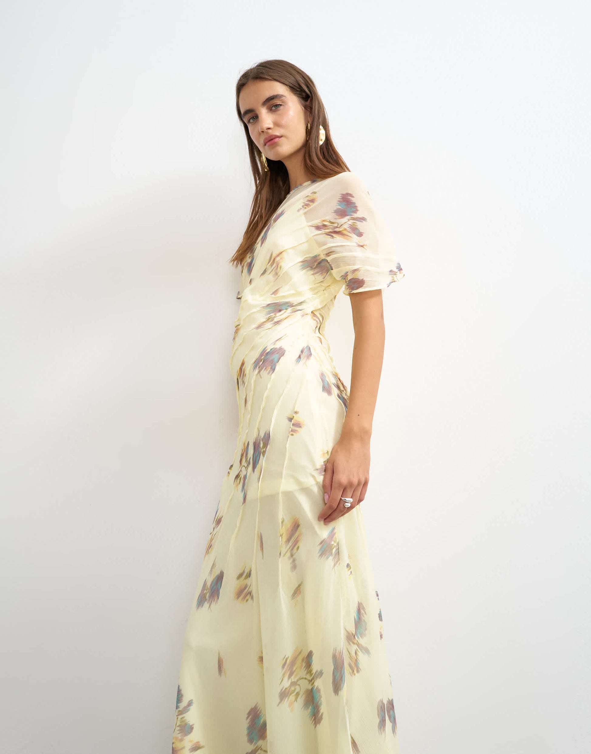 Topshop chiffon maxi dress with pintuck details in lemon blurred floral