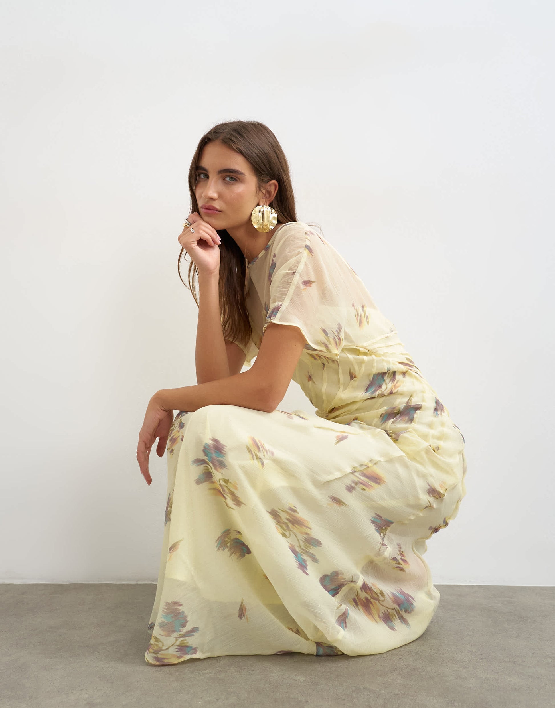 Topshop chiffon maxi dress with pintuck details in lemon blurred floral